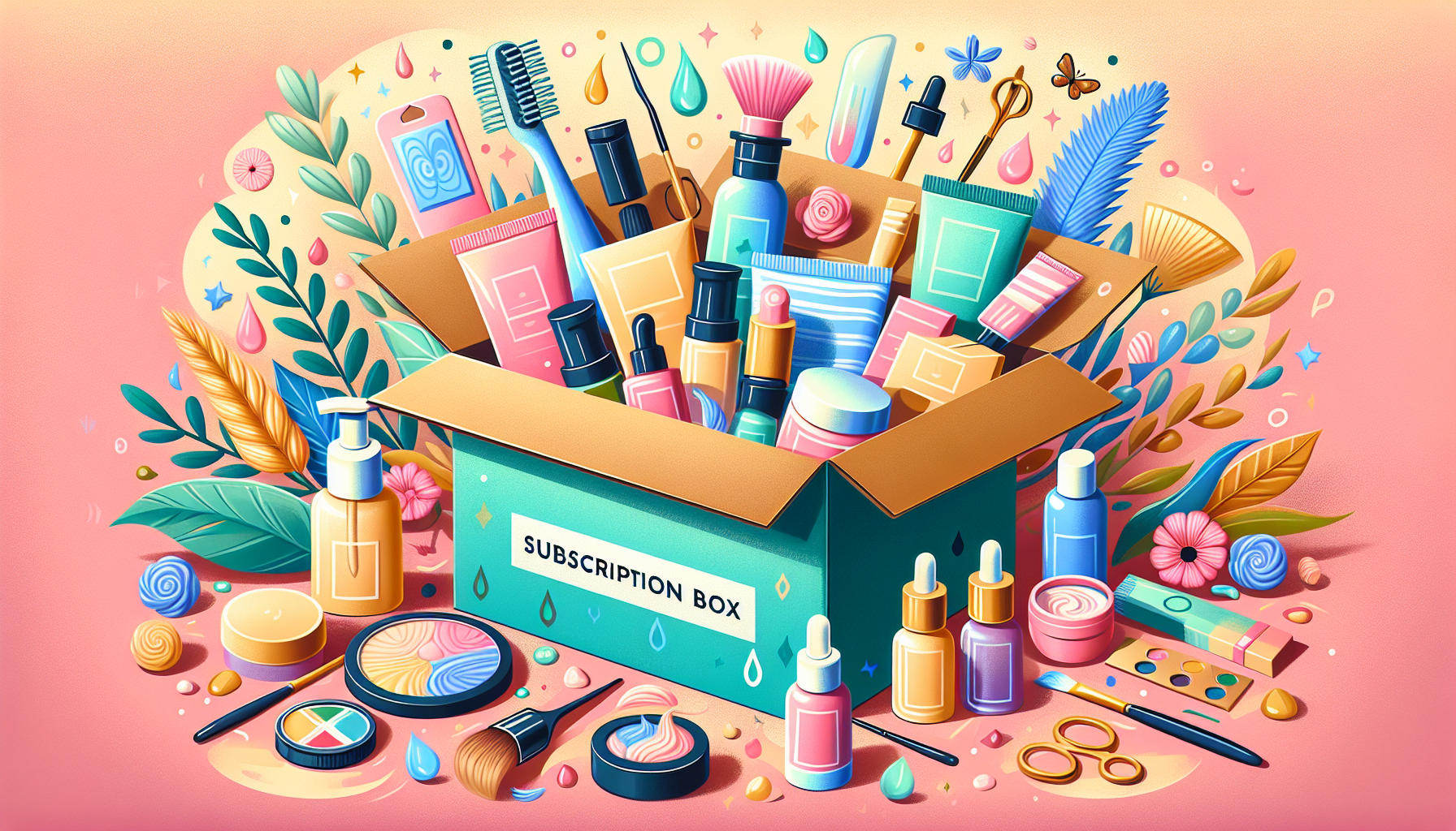 Illustration of various personalized beauty products inside a subscription box for beauty services.