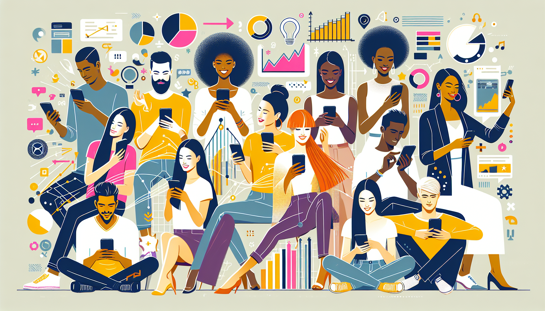 Diverse group engaging with TikTok marketing strategies on smartphones.