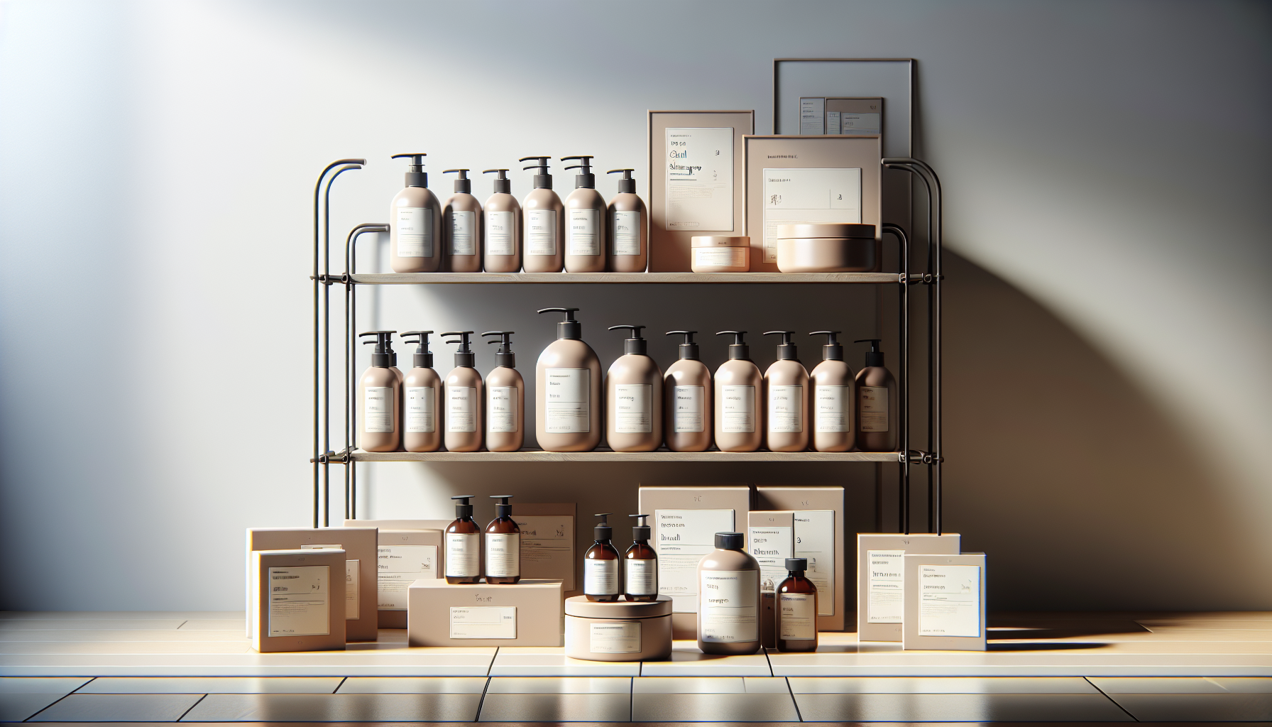 Display of scalp care shampoos with natural ingredients on a shelf to illustrate product options.