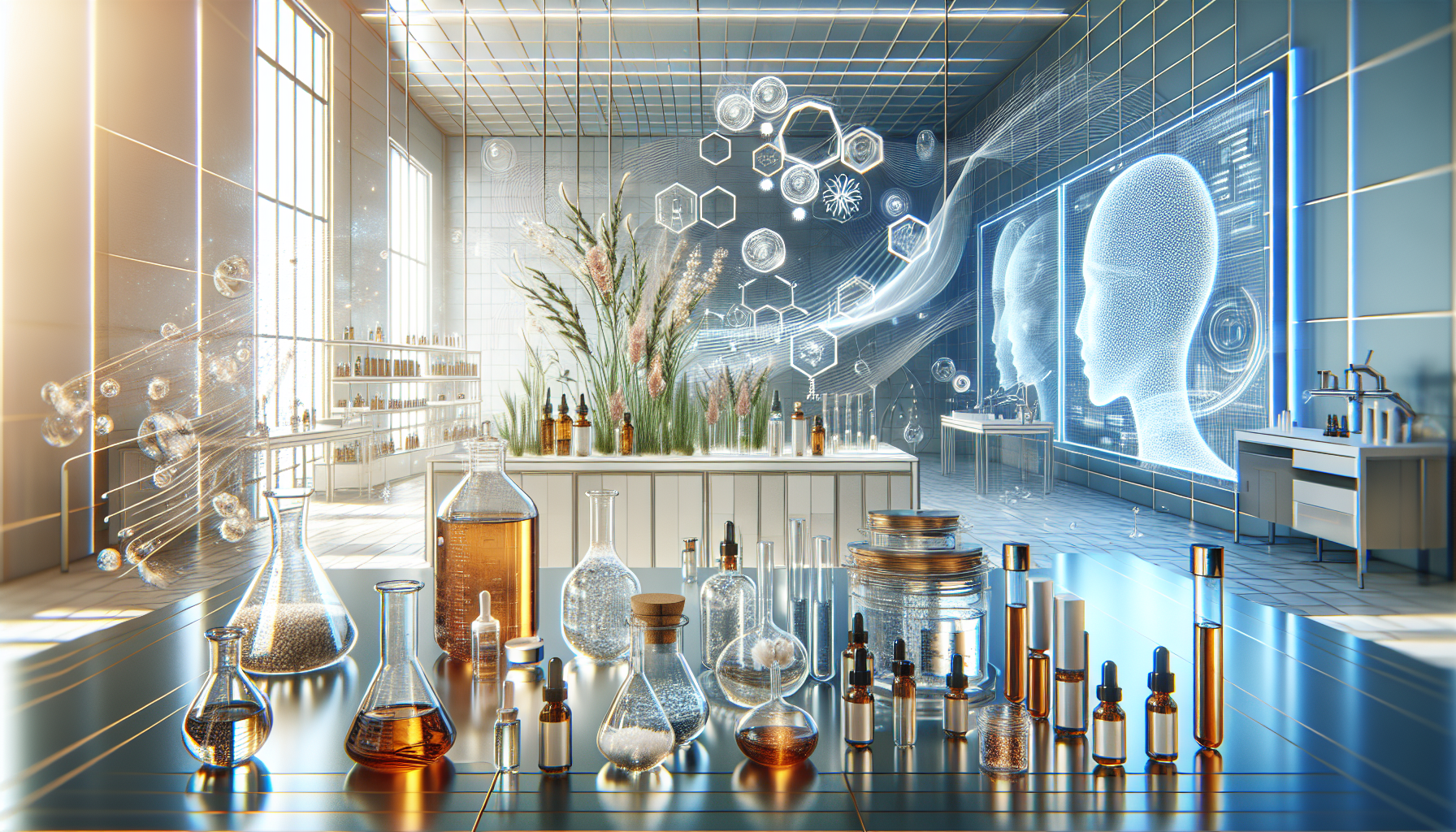 Modern hair treatment laboratory showcasing natural ingredients and advanced technologies.