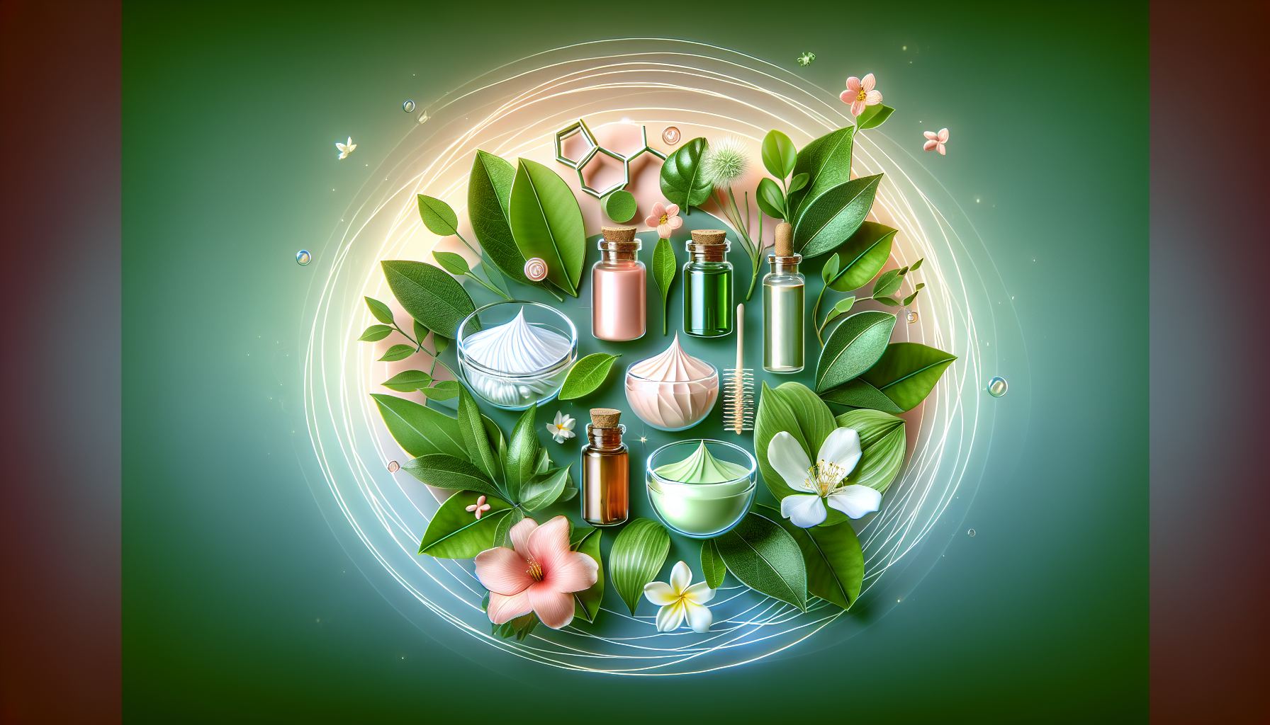 Illustrative image of popular skincare ingredients including collagen, hyaluronic acid, and peptides, set in a natural surroundings.