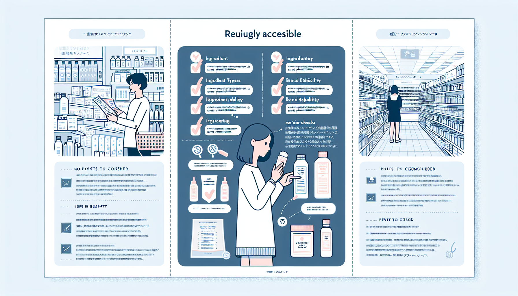 Checklist image for selecting beauty products focusing on ingredients, brand reliability, and reviews.