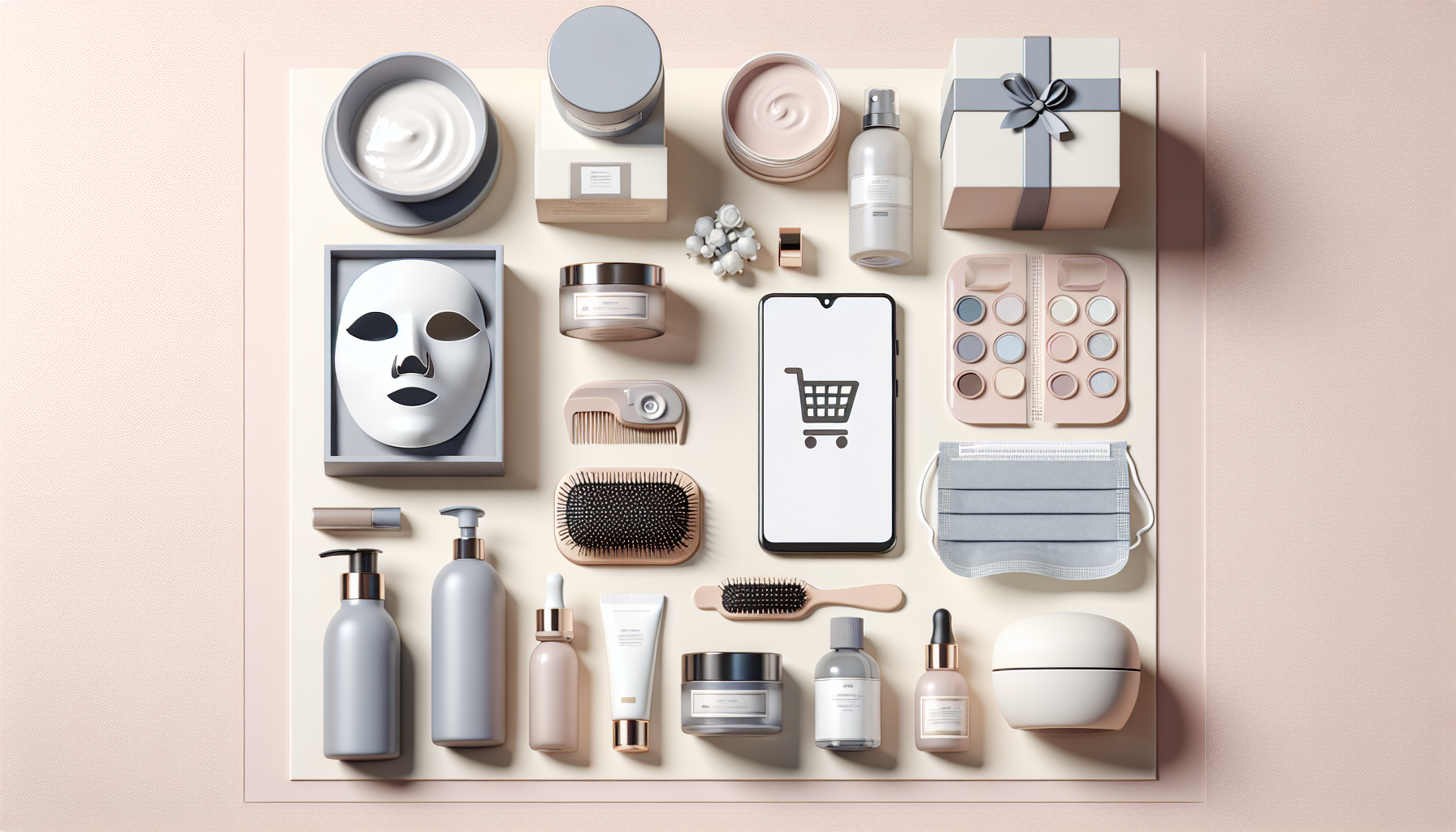 Beauty products and a smartphone showing online shopping for discounts, representing top trending products for overseas coupon shopping.