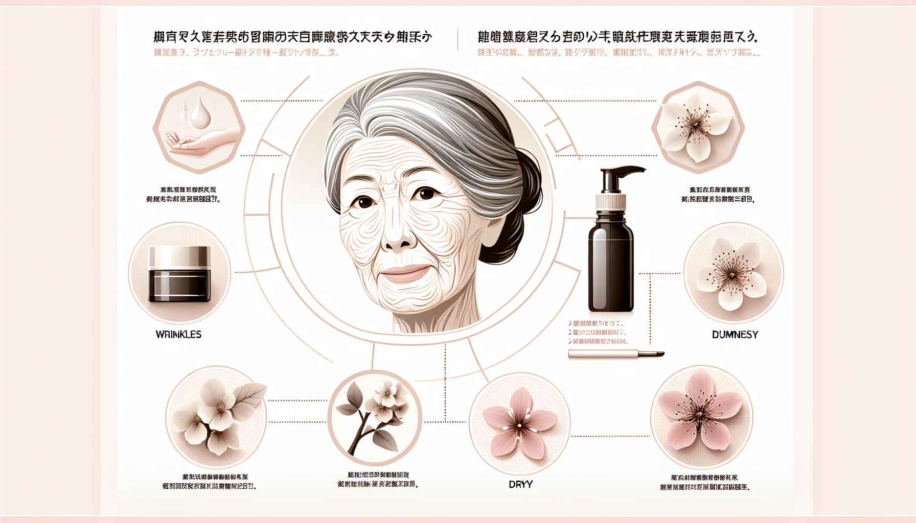 Infographic showing common aging skin concerns including wrinkles, dullness, dryness, and dark spots.