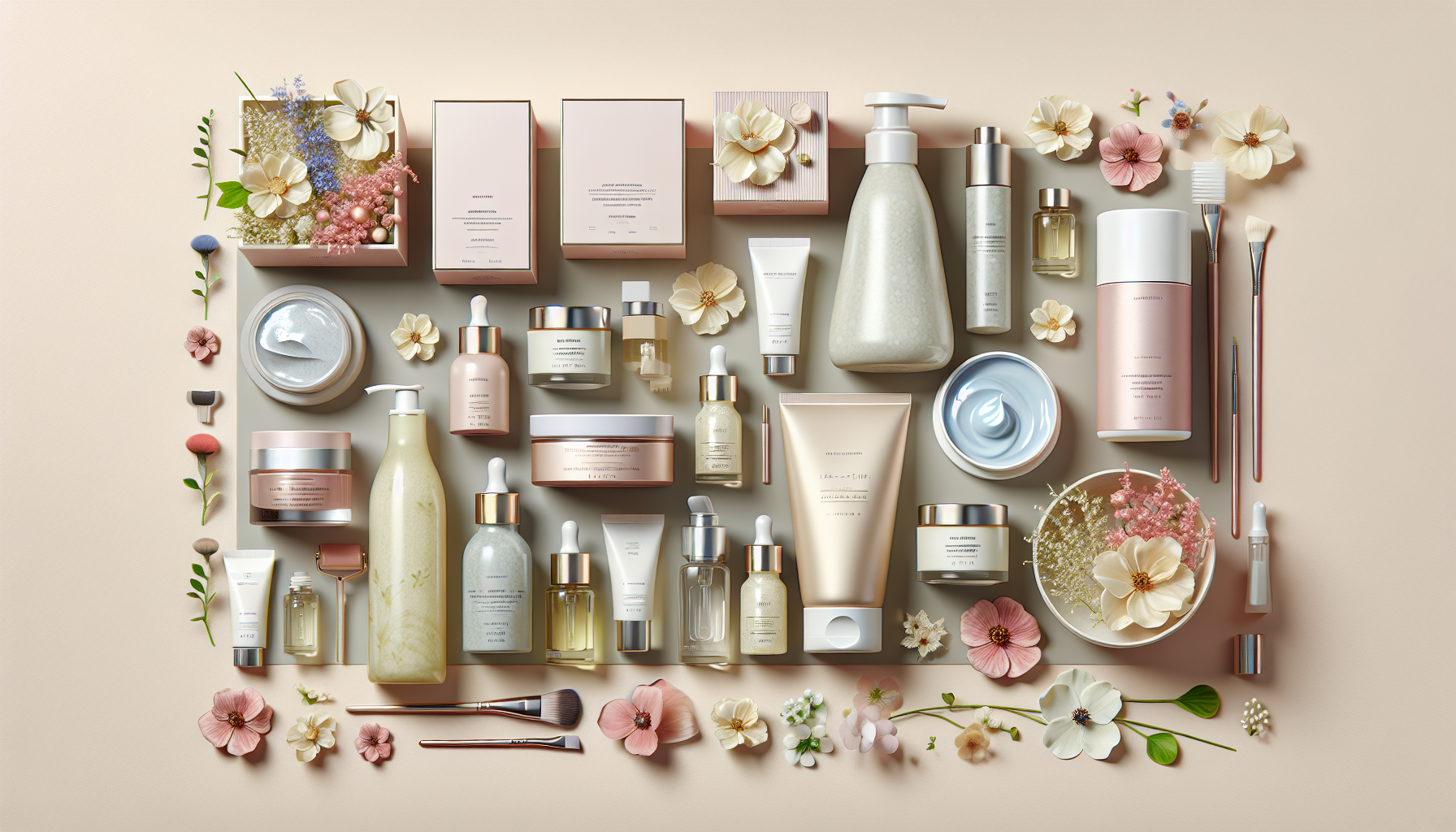 Flat lay of diverse aging care cosmetics including serums, creams, and masks for a trendy comparison.
