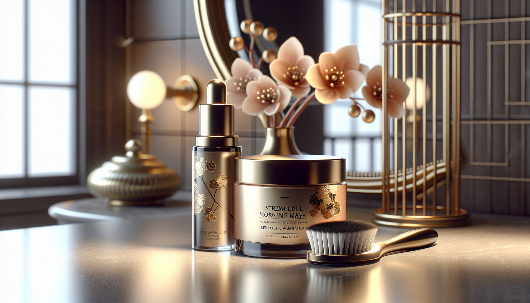Close-up of KYOGOKU Signature Stem Cell Morning Mask and KYOGOKU Miracle White Brush displayed on a vanity.