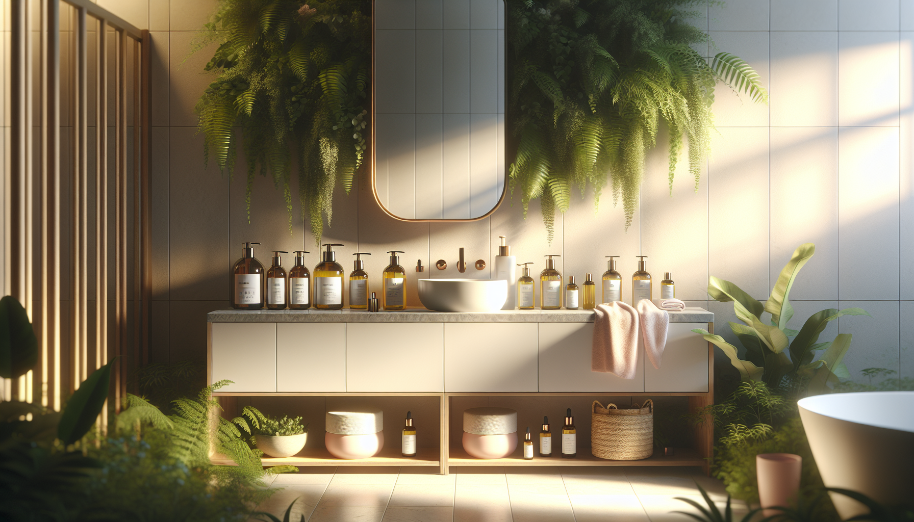 A serene bathroom setting with bottles of aging care oils, emphasizing beauty and relaxation.