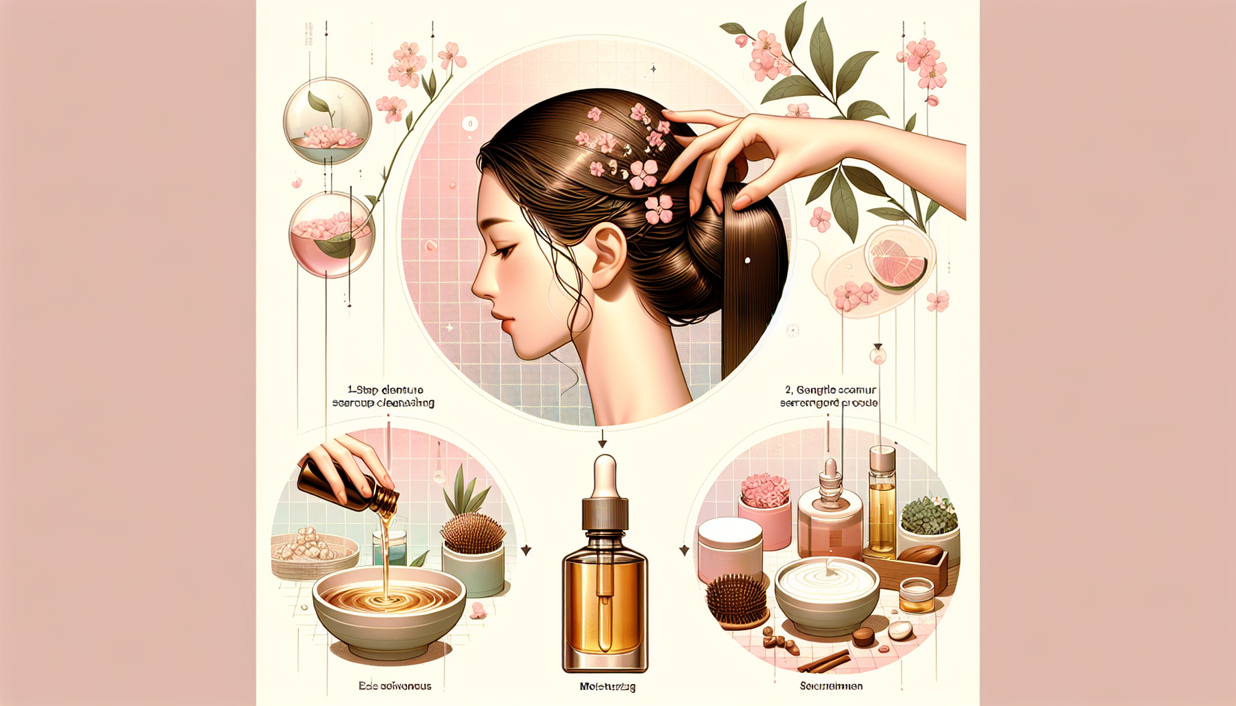 Illustration of a three-step aging hair care routine including scalp cleansing, moisturizing, and nourishing with oils and massages.