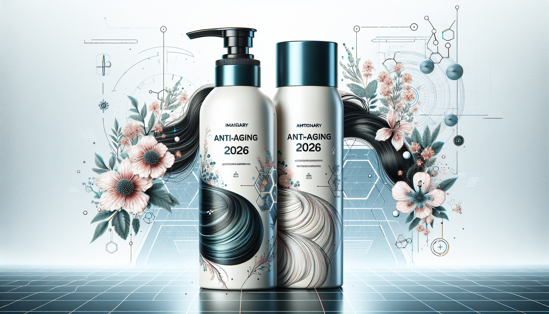 Collage of recommended 2026 anti-aging shampoos in bottles with botanical and scientific design themes.