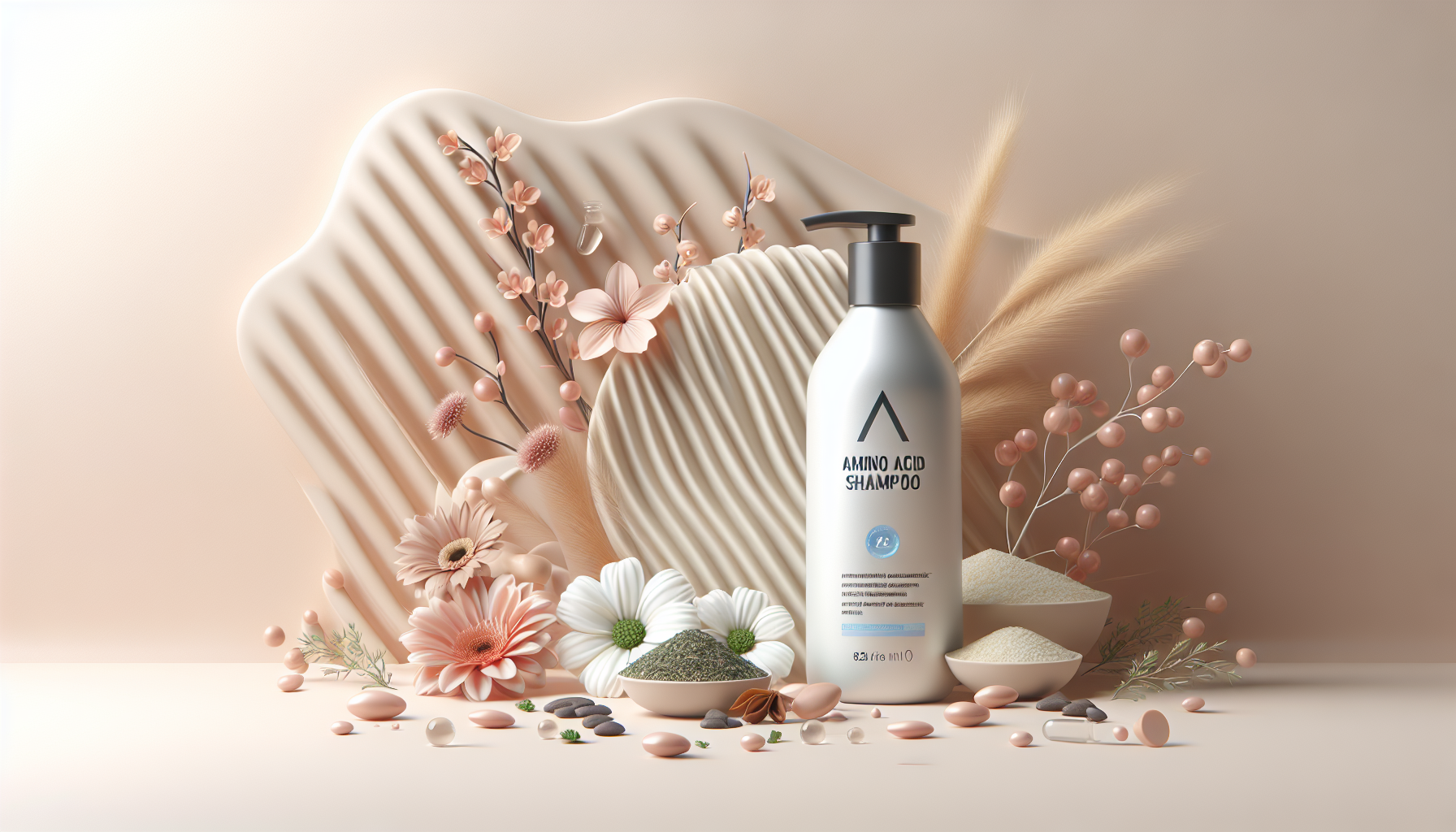 Bottle of amino acid shampoo surrounded by natural ingredients.