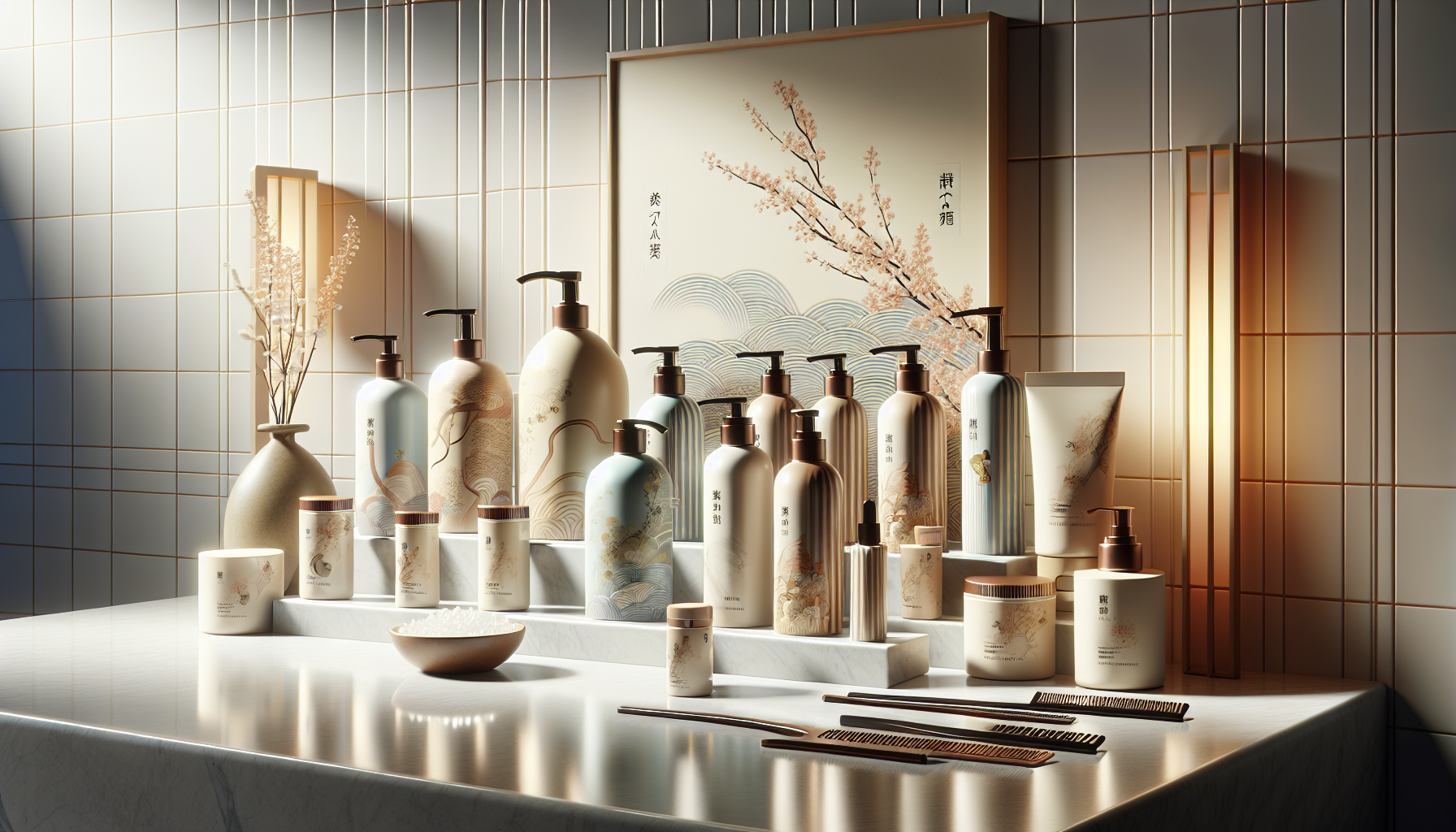 Display of popular amino acid shampoos on a bathroom countertop.
