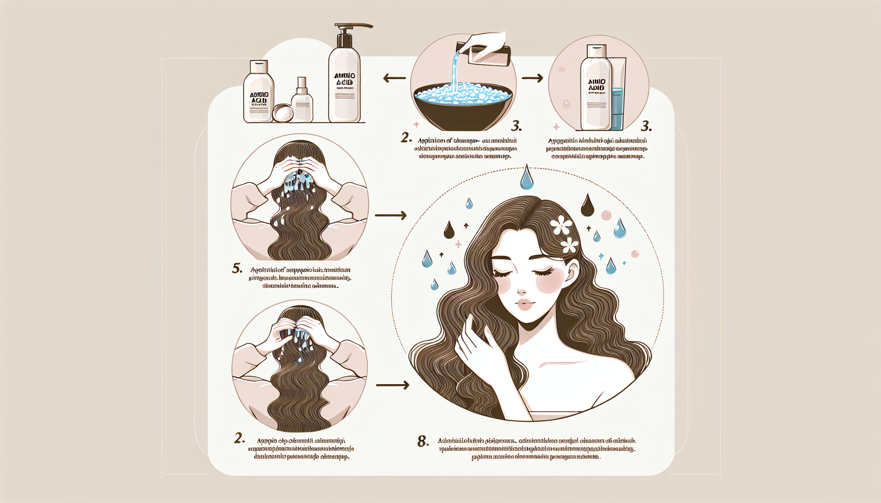 Infographic depicting steps for using amino acid shampoo.
