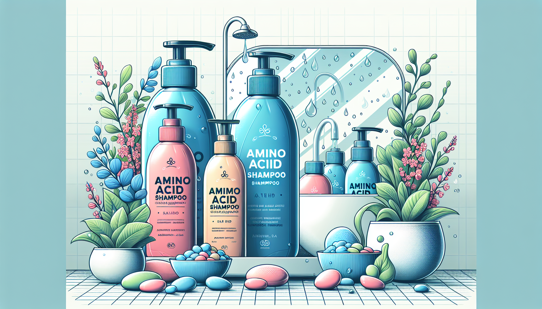Various amino acid shampoos displayed on a bathroom counter.