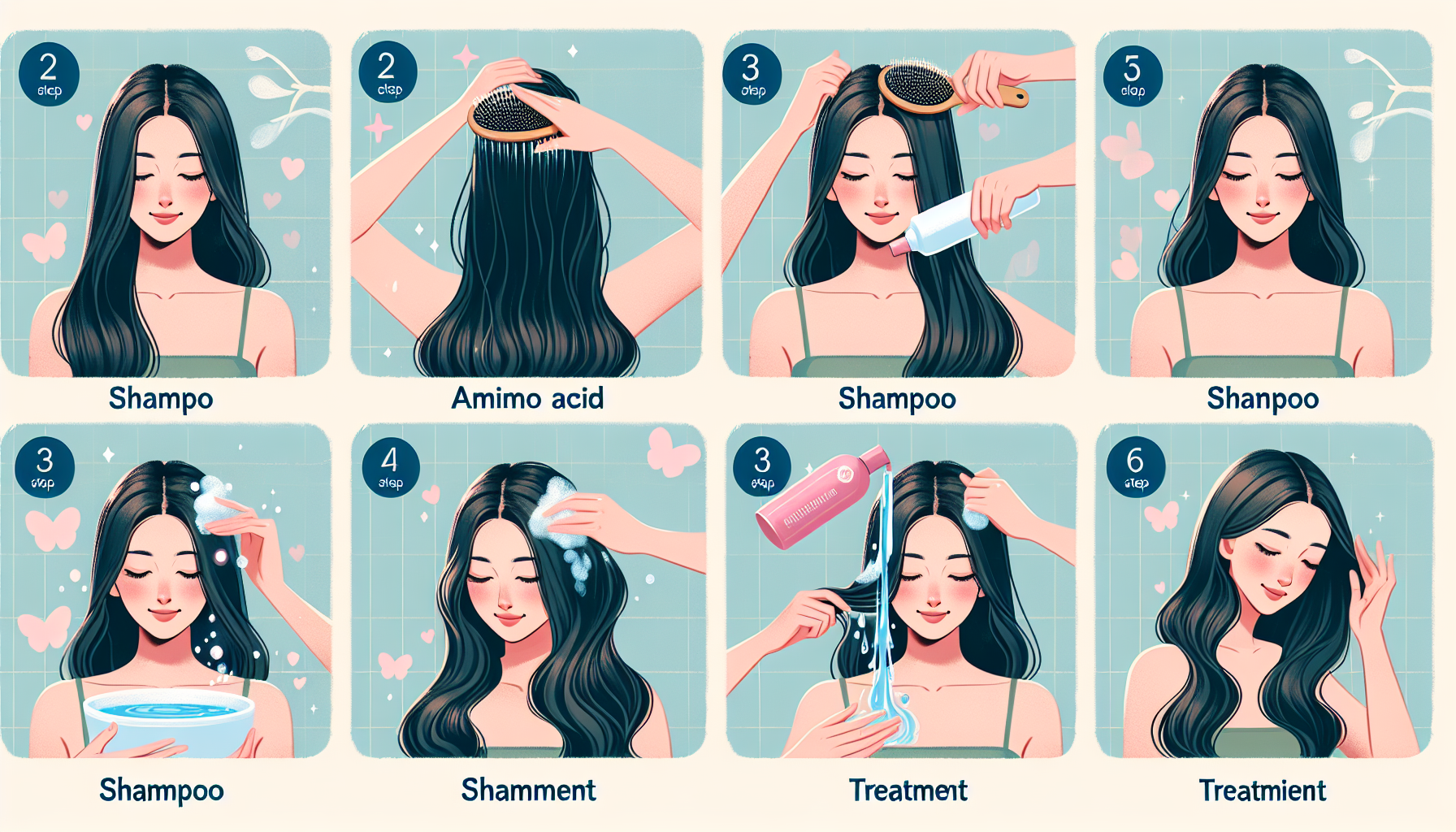 Step-by-step guide to hair care using amino acid shampoo.