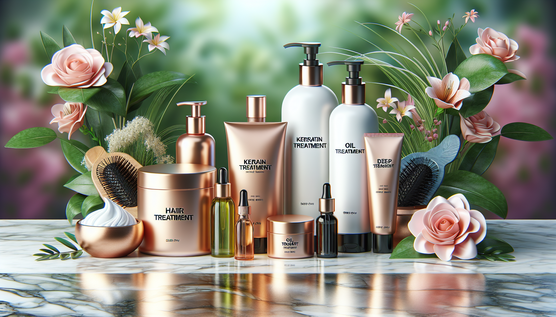 Different types of hair treatment products displayed on a countertop with flowers.