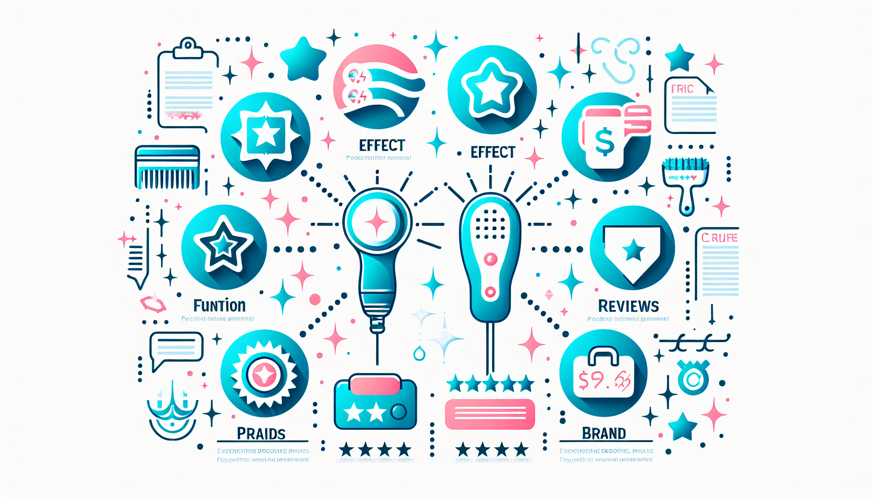 Infographic of beauty device selection criteria including effect, function, price, reviews, and brand.
