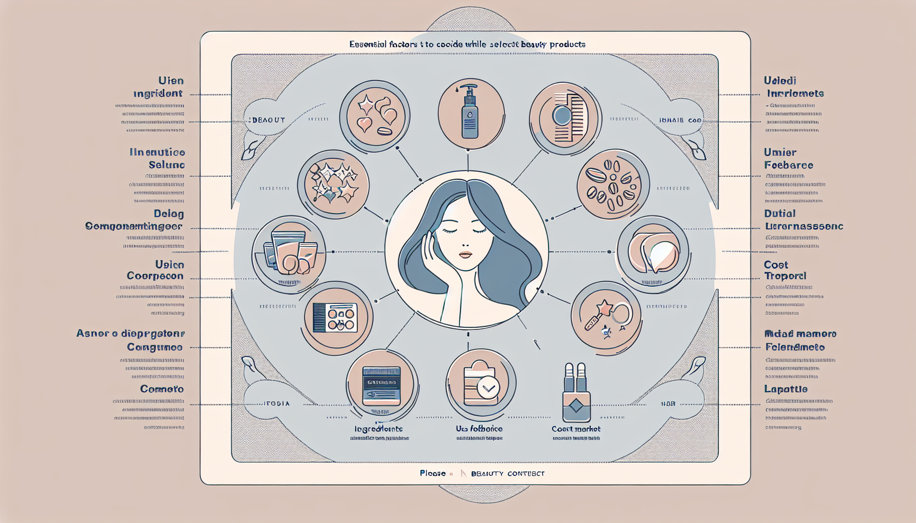 Infographic illustrating points for choosing beauty products, highlighting considerations like ingredients, texture, and user reviews.