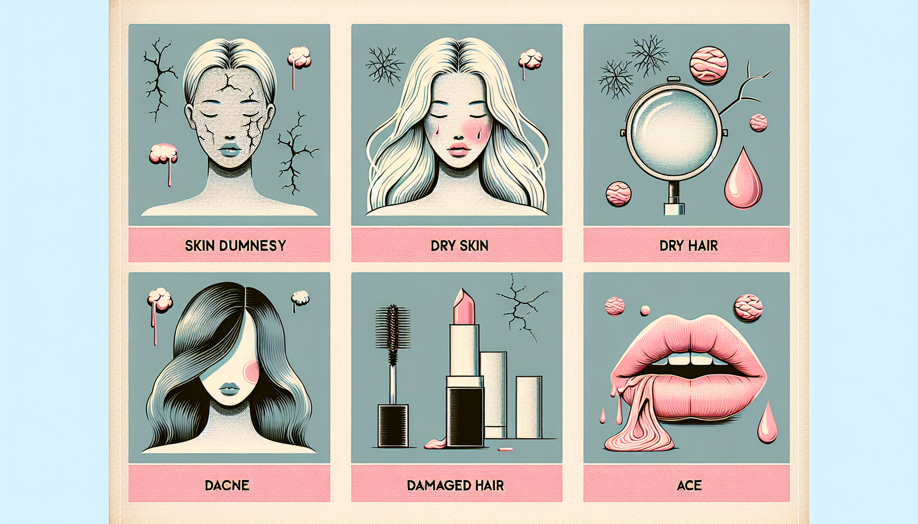 Infographic depicting common beauty concerns like dull skin, dry skin, and damaged hair.