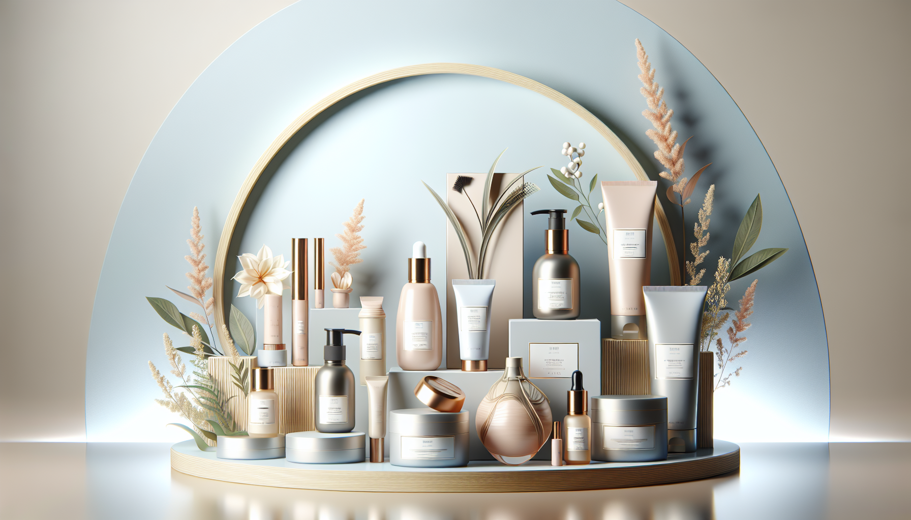 Display of hair treatment products including serums and masks in an elegant arrangement.