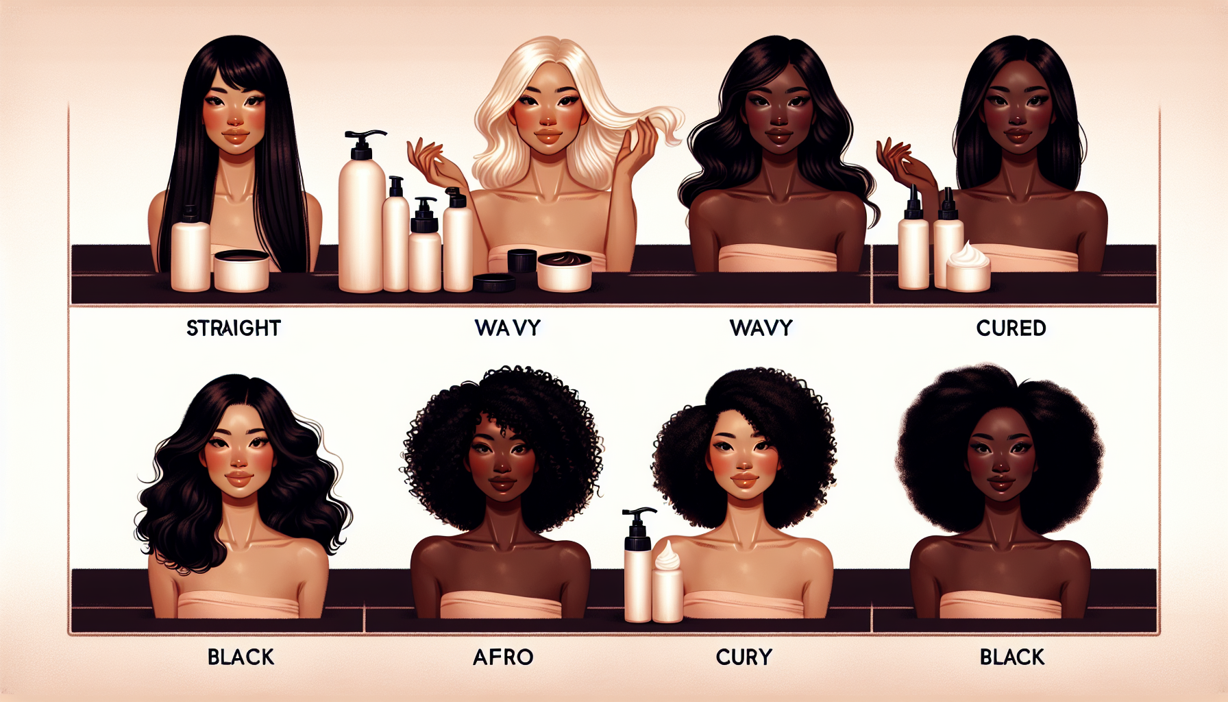 Diverse women with various hair types using hair care products, representing hair type-specific shampoo trends for 2026
