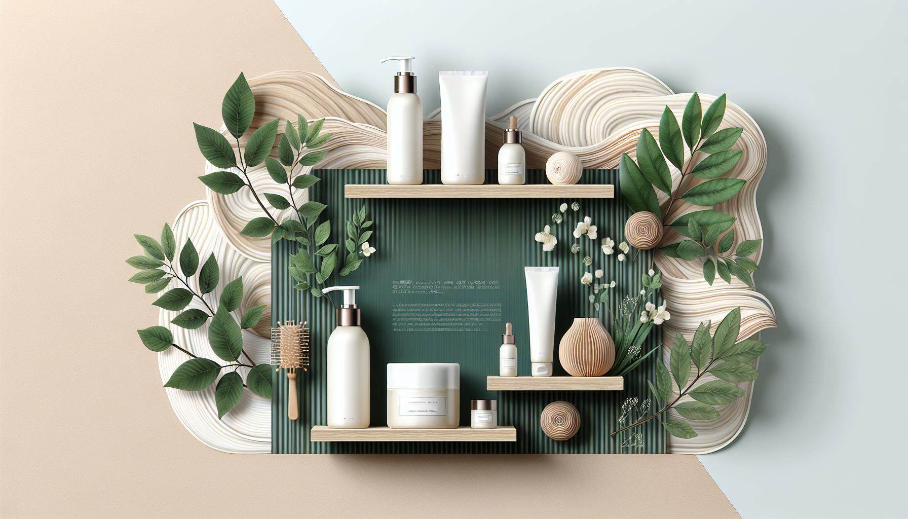 Natural hair care products with green leaves and wooden background, highlighting organic shampoos recommended for different hair types in 2026