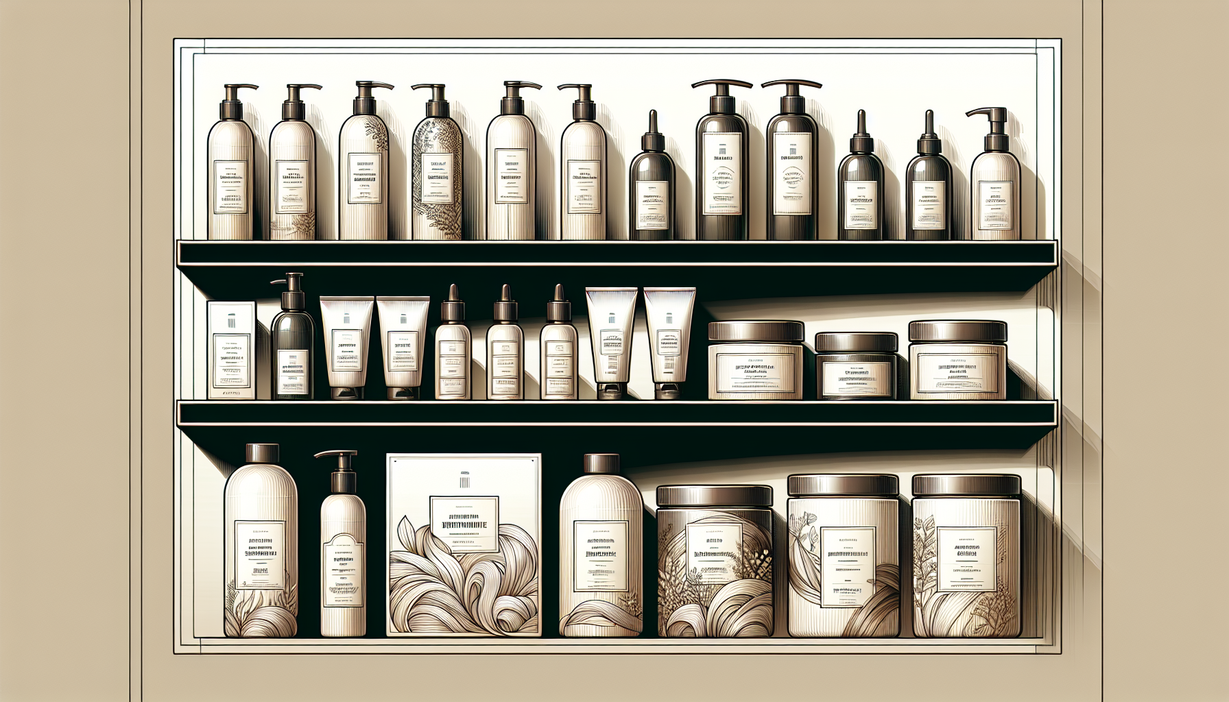 Display of luxury hair treatment products on a shelf, highlighting ingredients and branding.