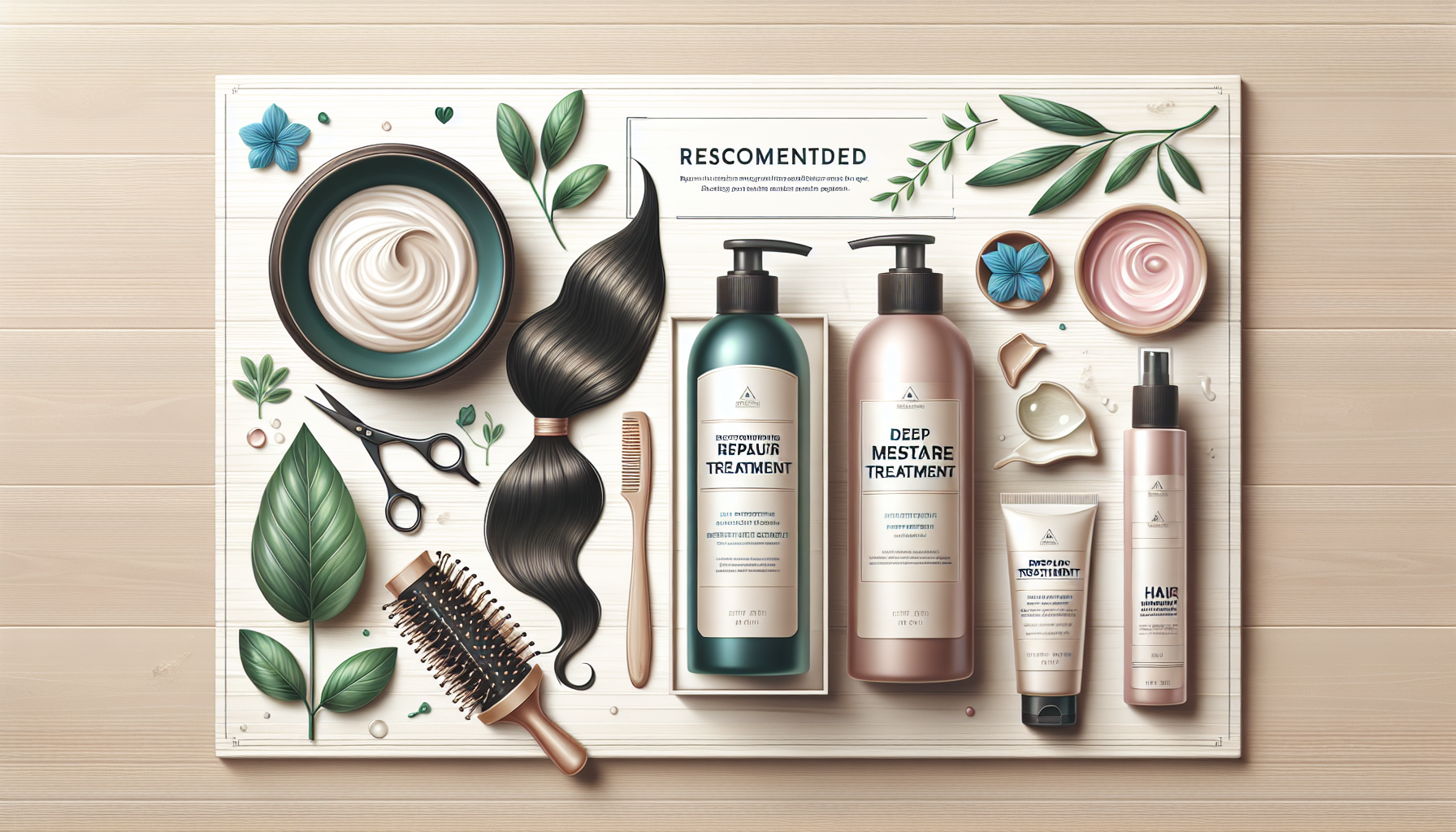 Flat lay of recommended hair treatments including deep moisture and repair treatments.