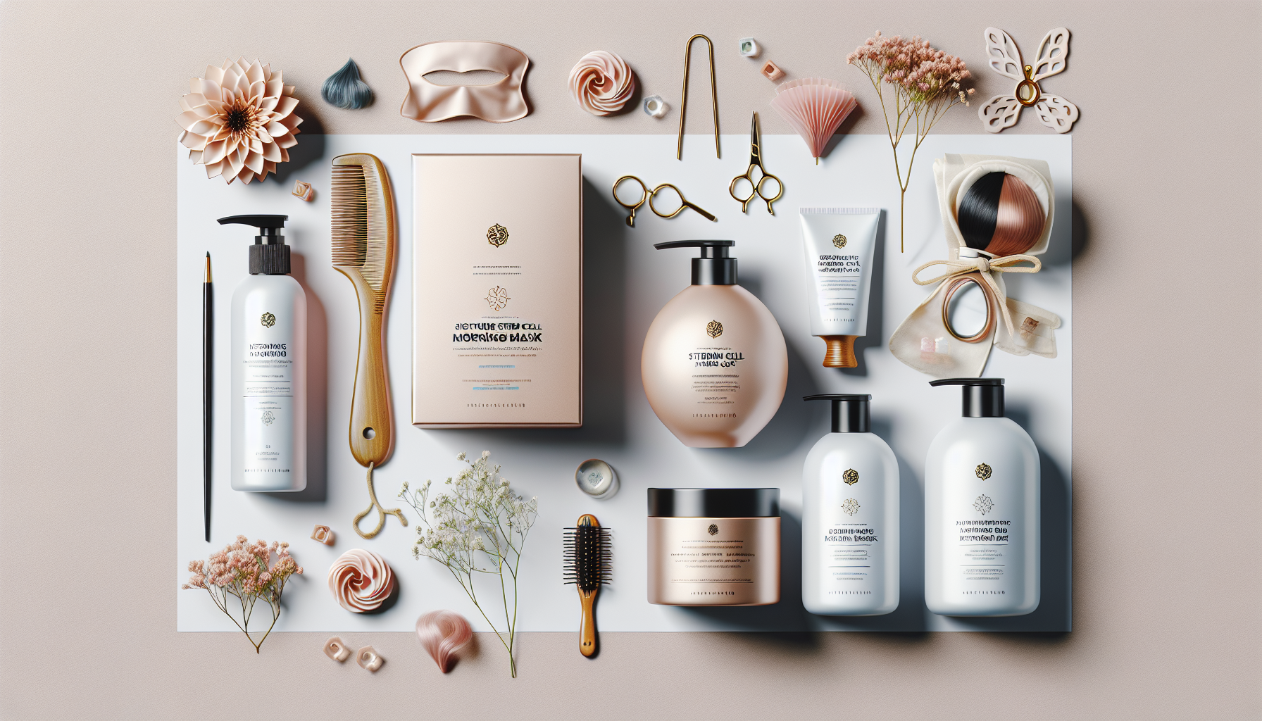 Flat lay of color-care hair products including KYOGOKU hair masks, with styling props.