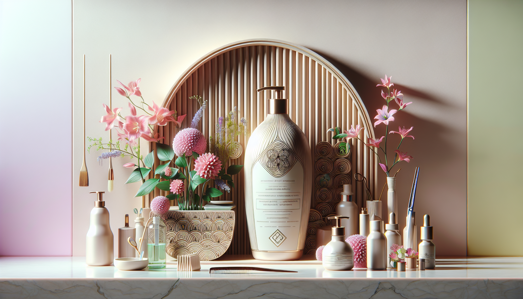 Close-up of a bleach hair repair treatment bottle surrounded by a serene bathroom setting.