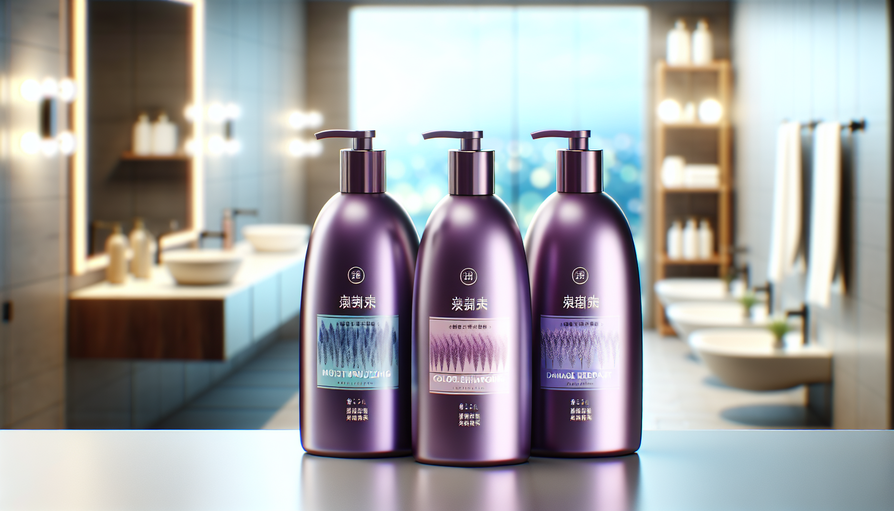 Three different purple shampoo bottles with labels focusing on hair care benefits.