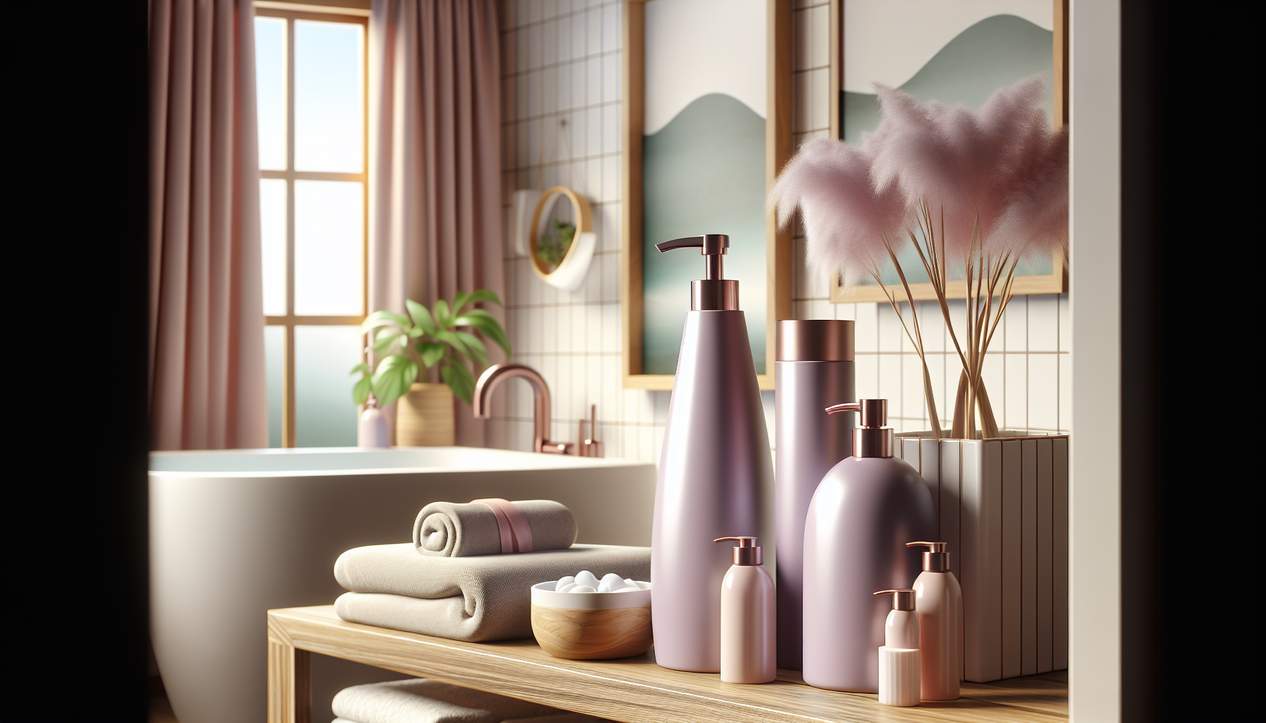 Purple shampoo and hair care products in a stylish bathroom setting.