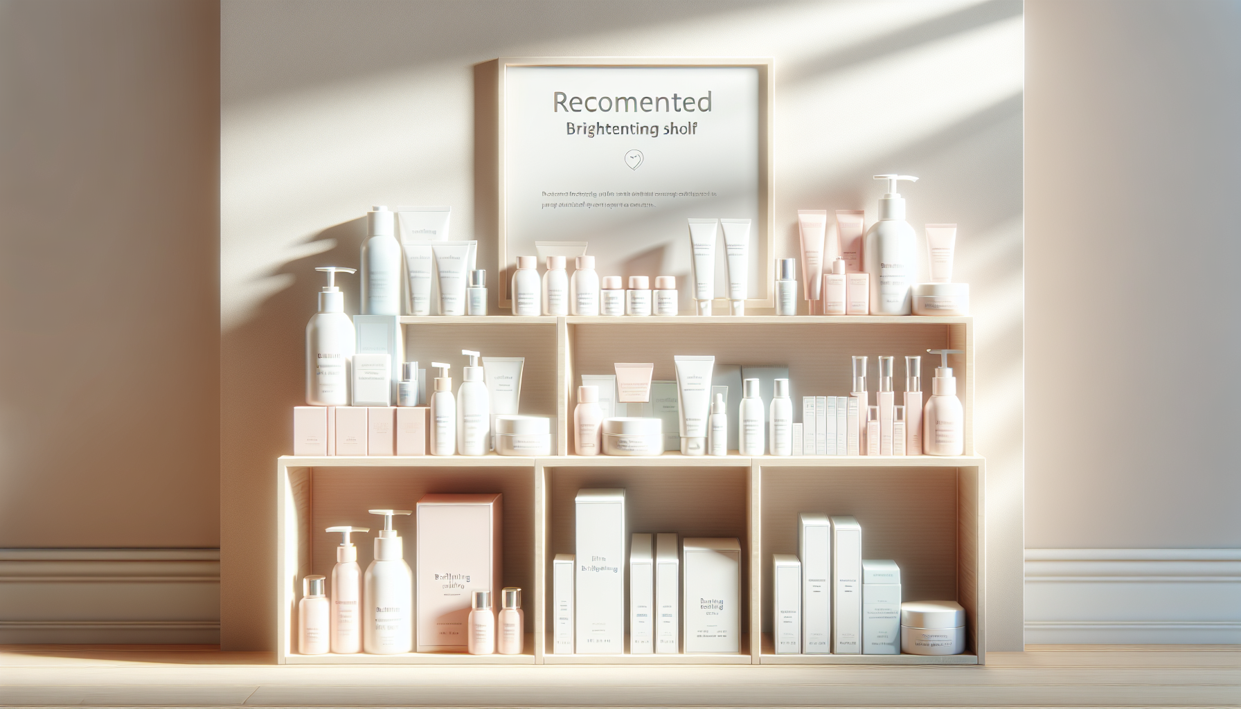 Organized skincare shelf displaying recommended brightening serums under natural lighting.