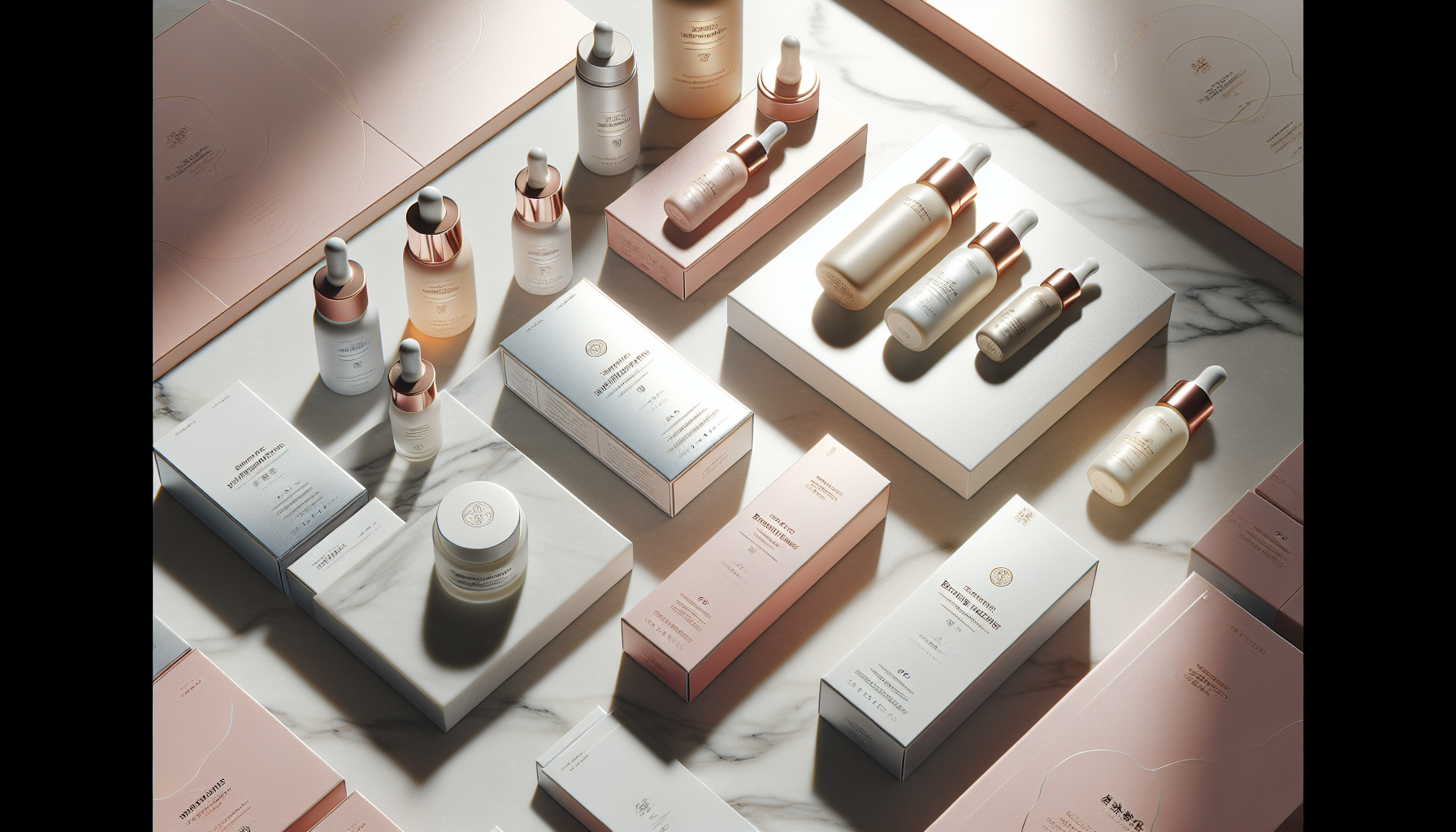 Flat lay of various brightening serums showcasing diverse packaging styles on a marble surface.