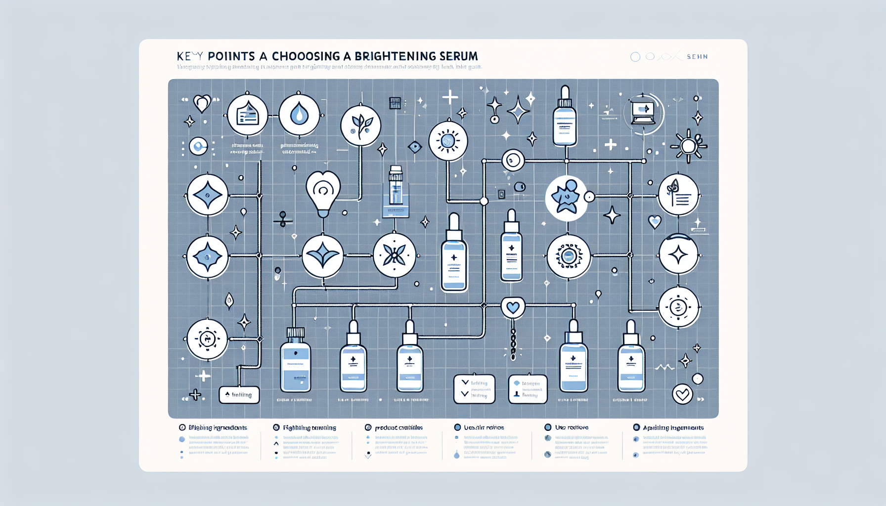 Chart highlighting key points for choosing a brightening serum including ingredients, evaluation, and user experience.