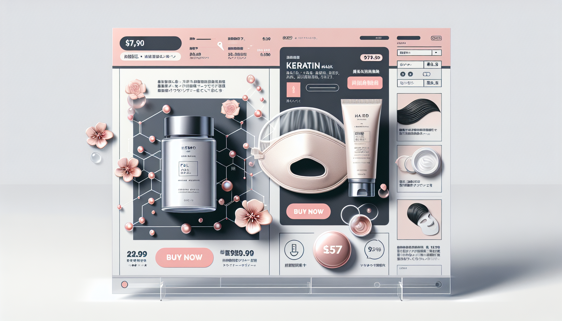 Product images of KYOGOKU skincare mask and hair mask cap with prices and purchase buttons.