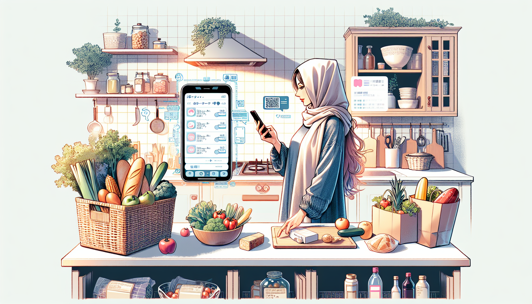 Person browsing digital coupons on a smartphone in a cozy kitchen.