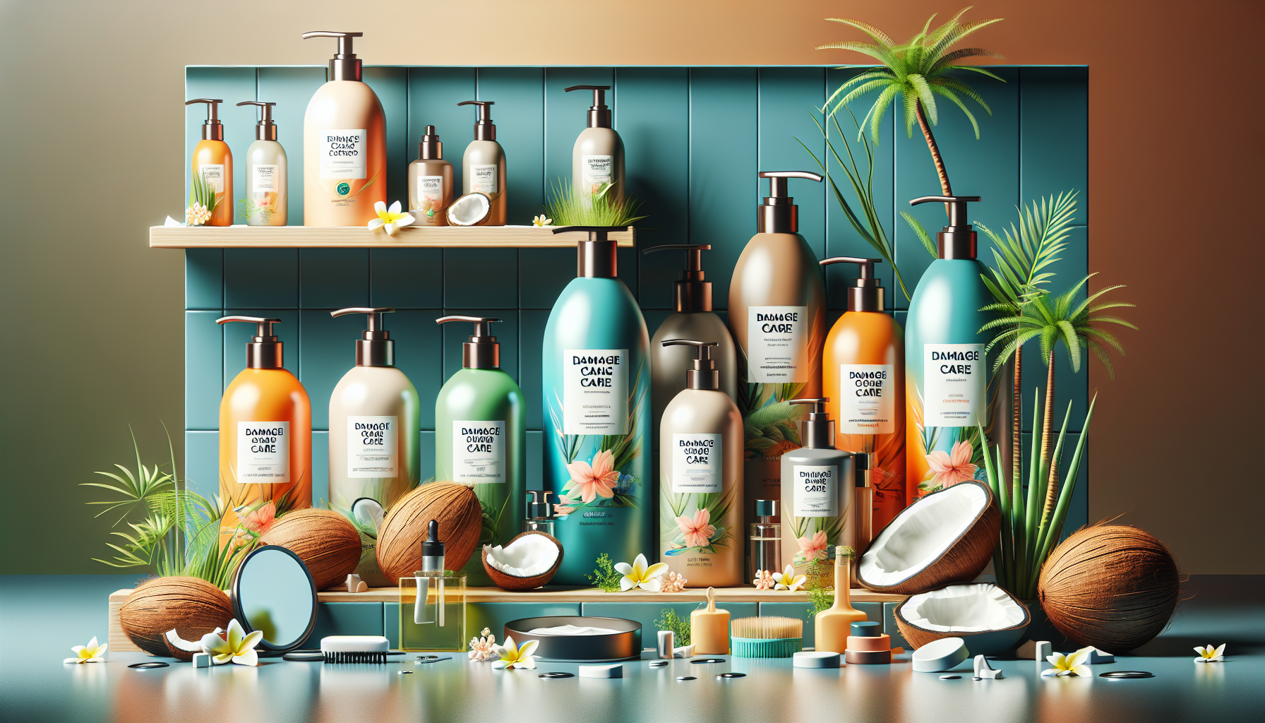 Display of popular damage care shampoos on a stylish bathroom shelf.