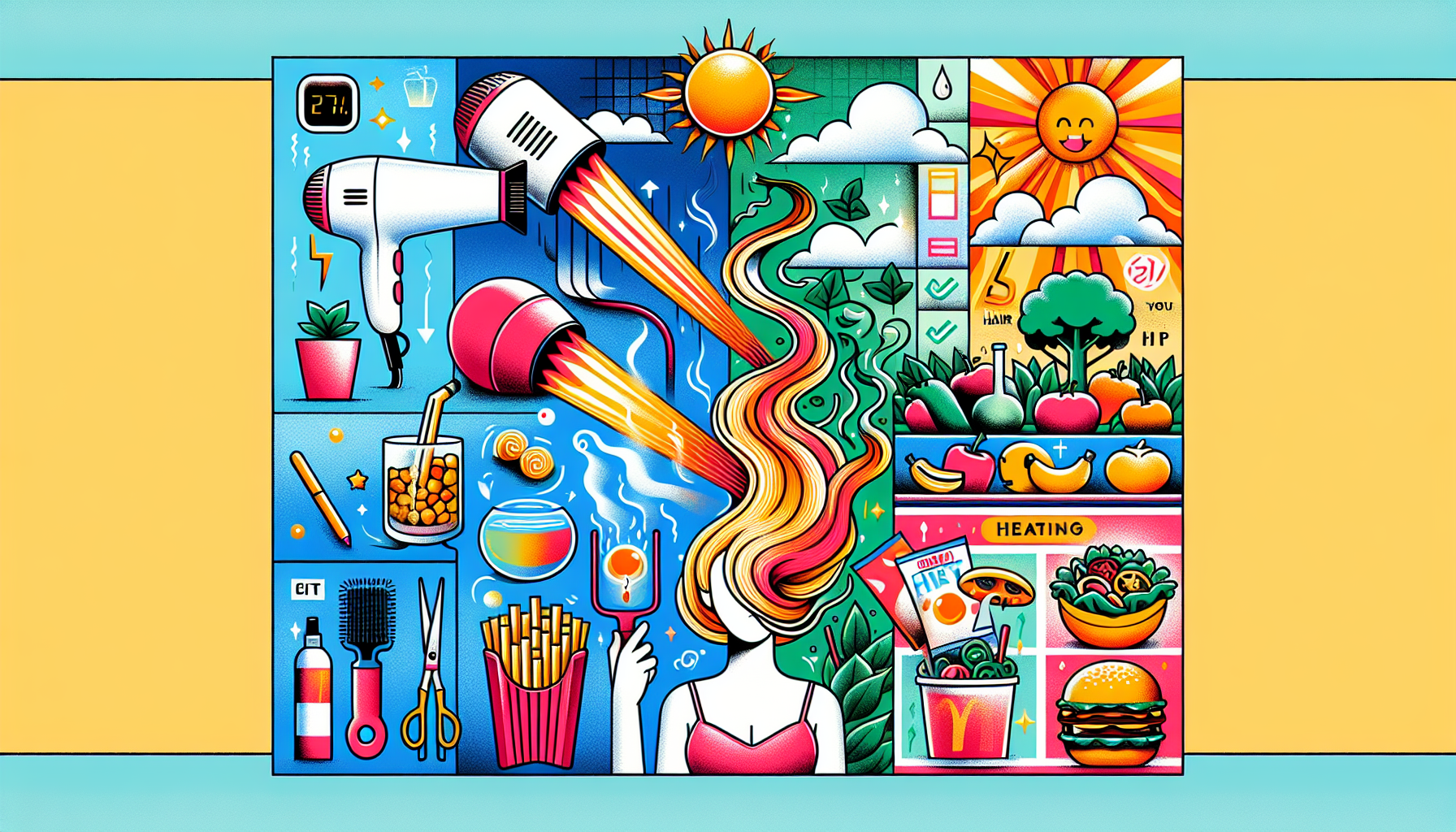Illustration of common causes of hair damage including heat from styling tools, UV exposure, and poor nutrition.