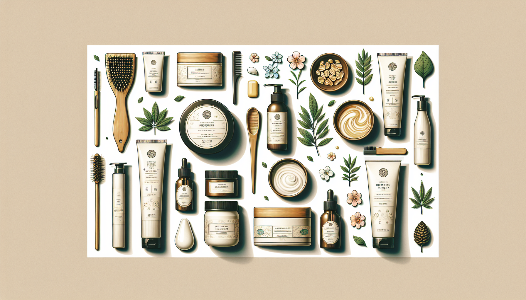 Flat lay of hair care products for repairing damaged hair.