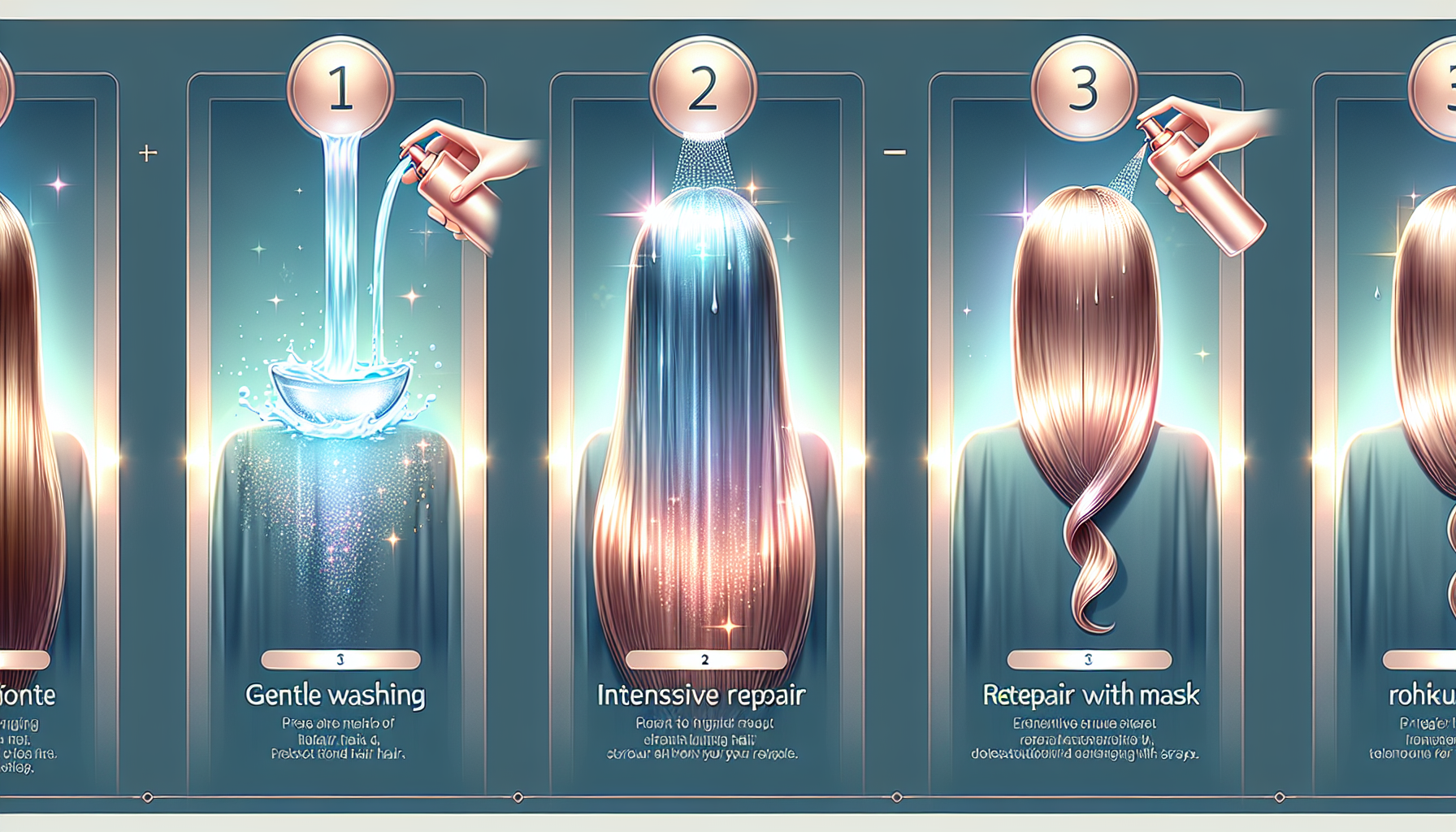 Hair care routine steps for damage repair: gentle wash, mask therapy, and protective sprays