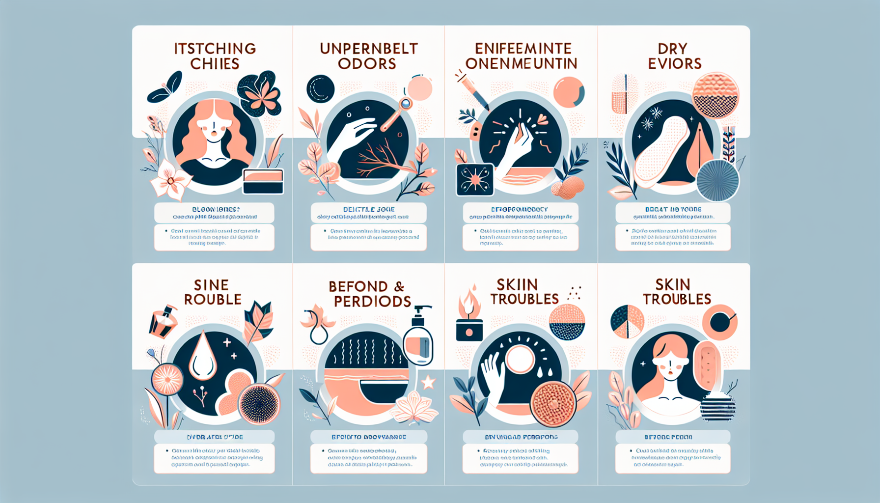 Infographic depicting common issues in delicate zone care such as itching, odors, and dryness.
