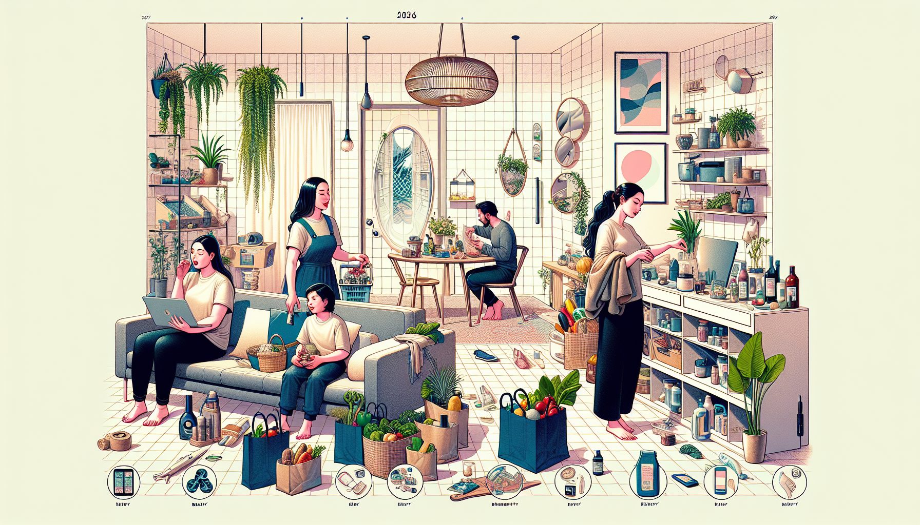 Illustration of a sustainable lifestyle in 2026 with eco-friendly practices.