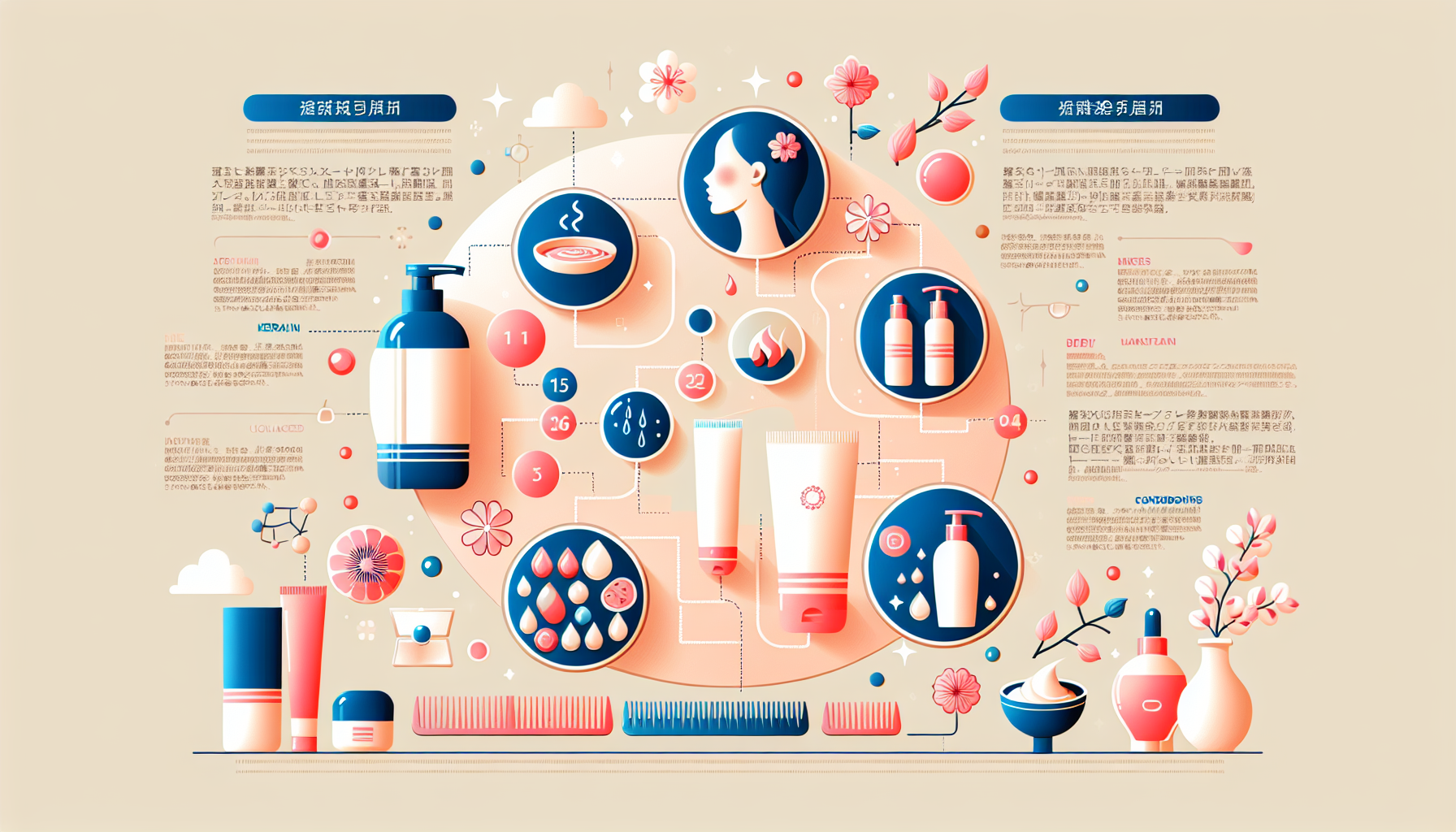 Infographic illustrating the key points for choosing hair treatment products, including hair types, ingredients, scent preference, reviews, and price.