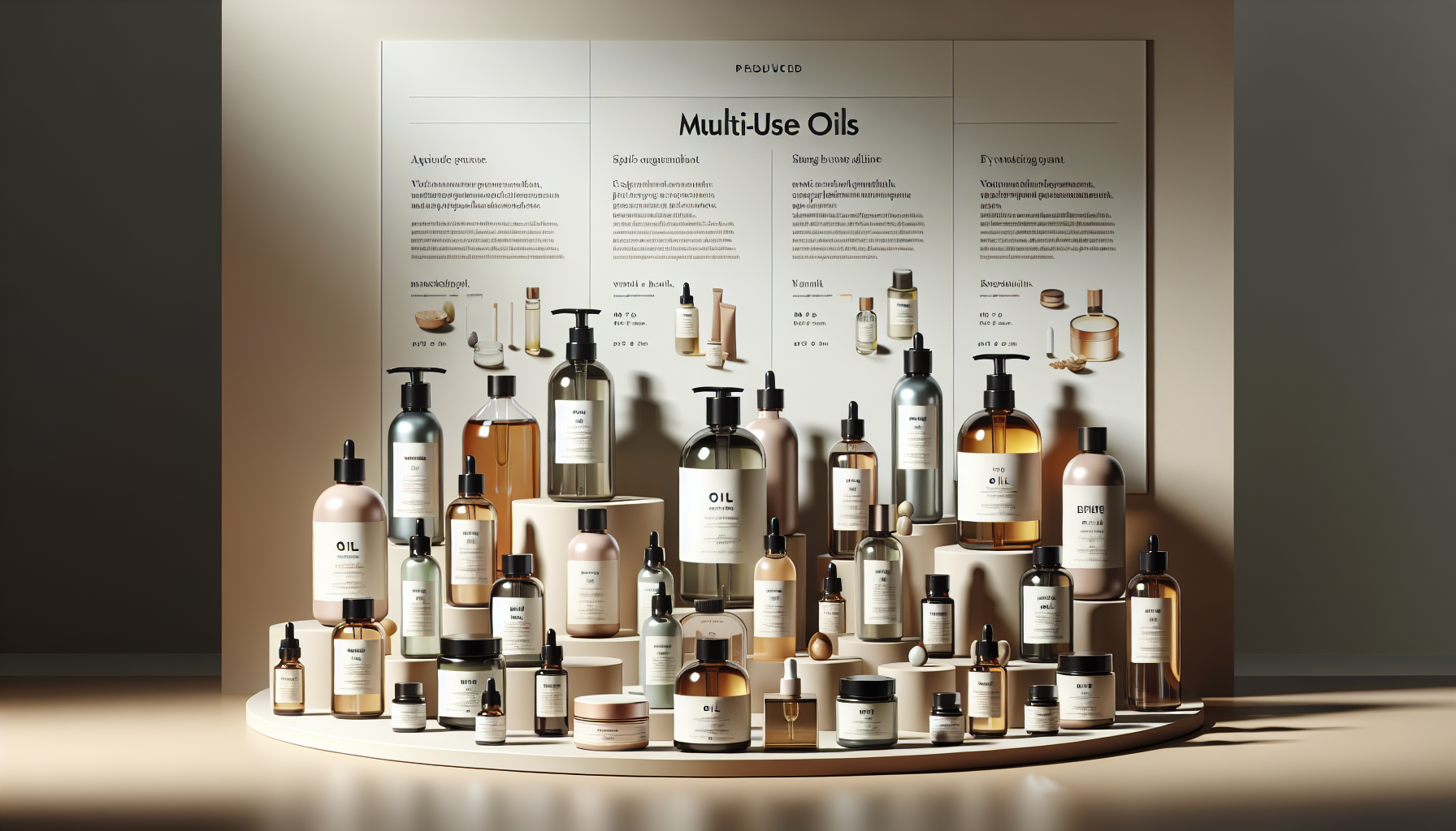 Variety of multi-use oils showcasing their benefits and prices.