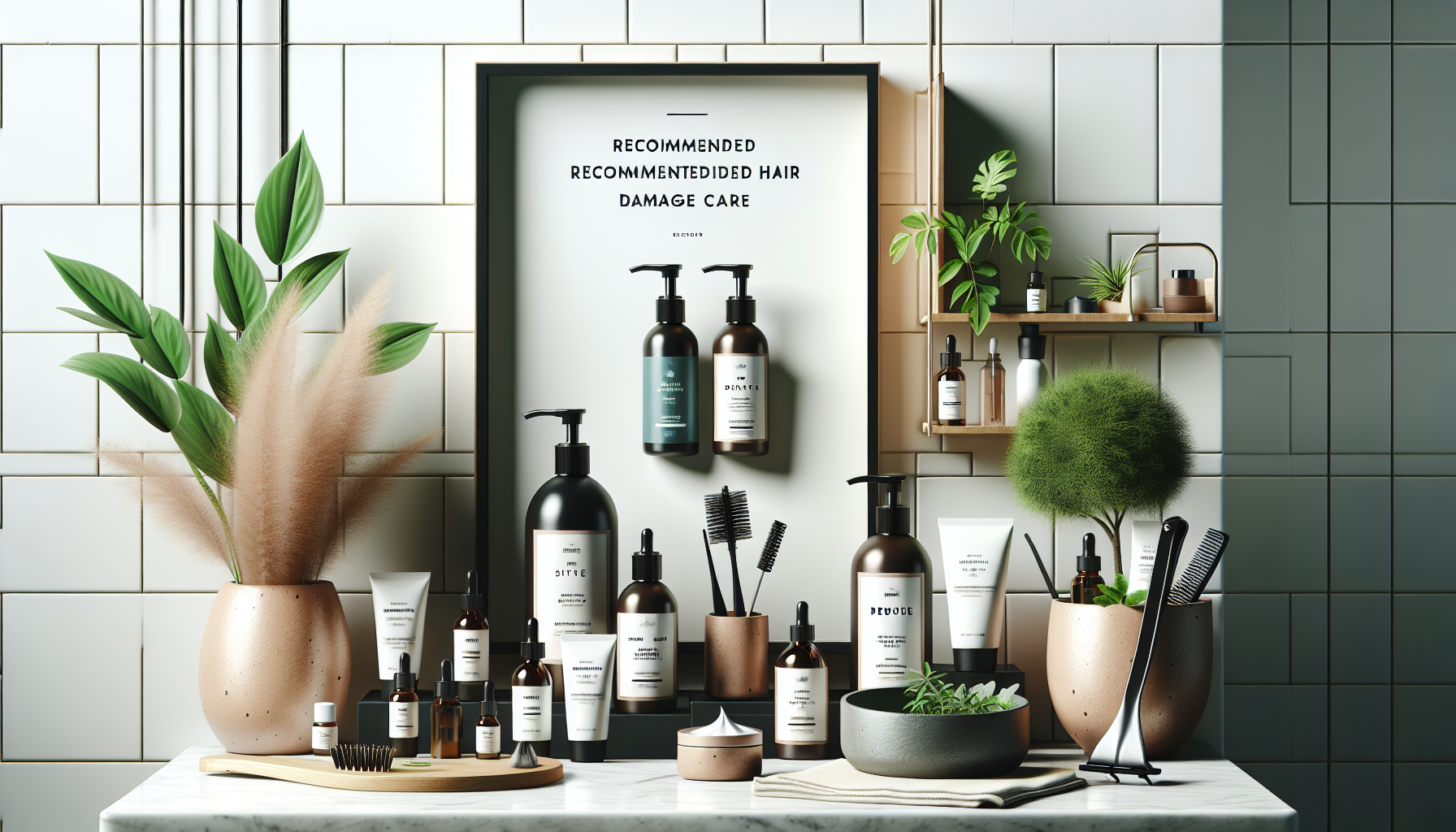 Recommended hair damage care serums displayed on a bathroom countertop with natural elements.
