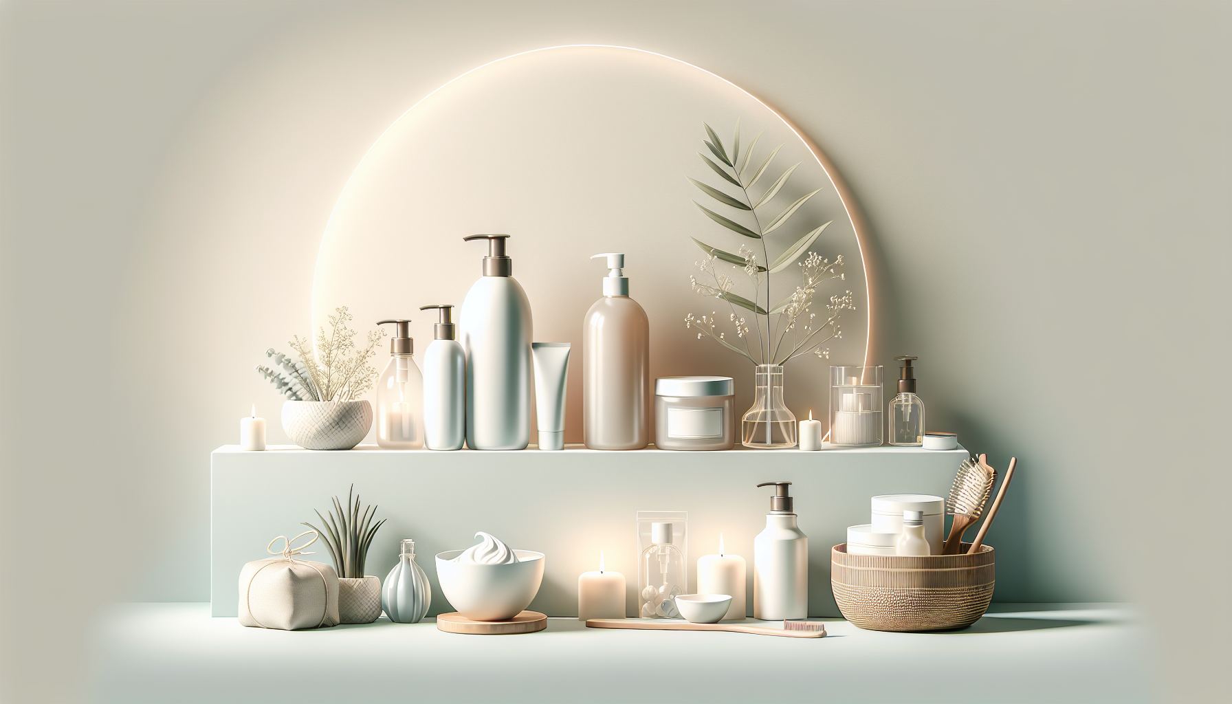 A collection of hair care products including shampoo, conditioner, and hair mask in a clean bathroom setting.