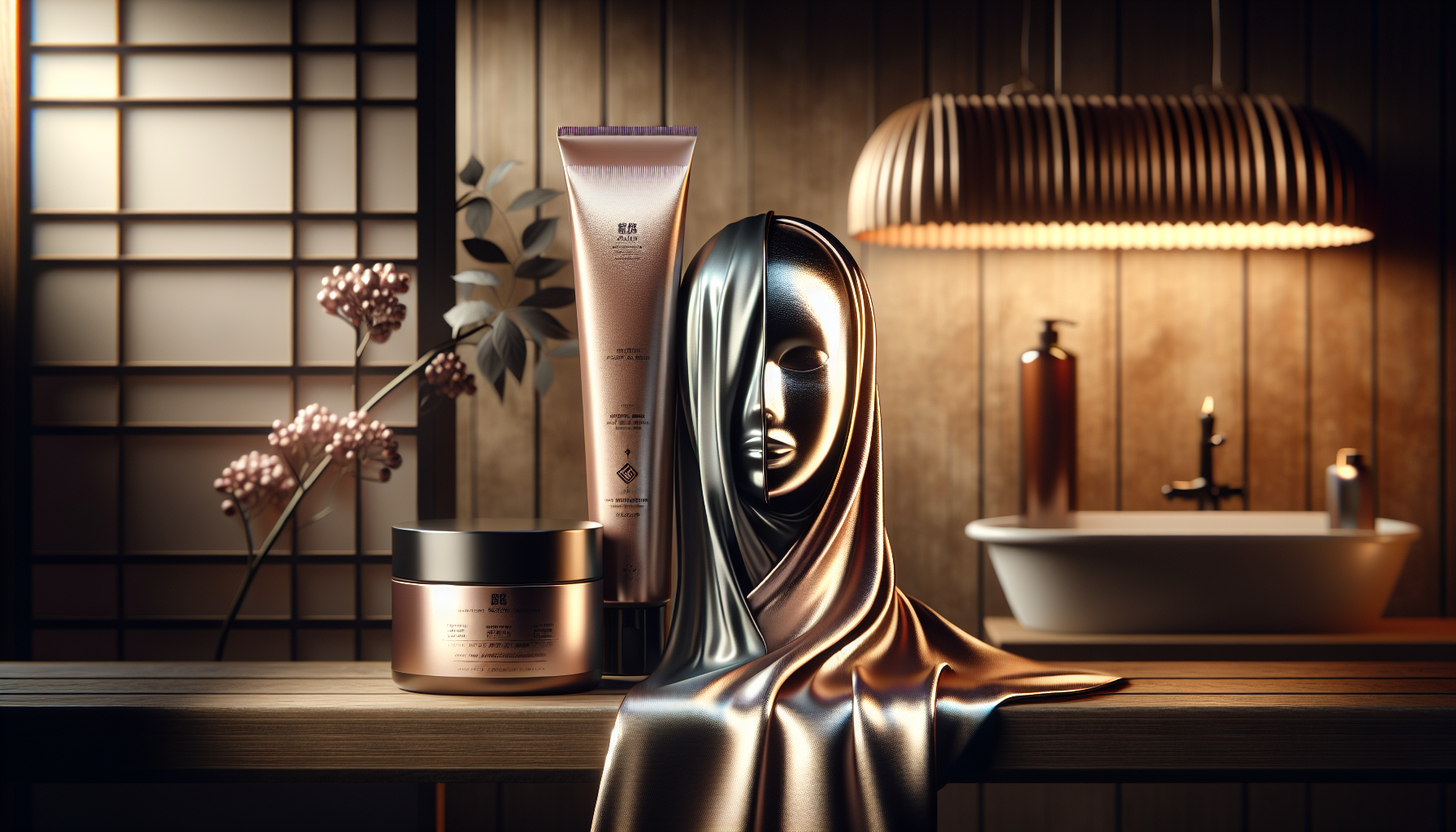 Luxurious hair mask and trendy hair care cap displayed on a wooden shelf in a stylish bathroom.