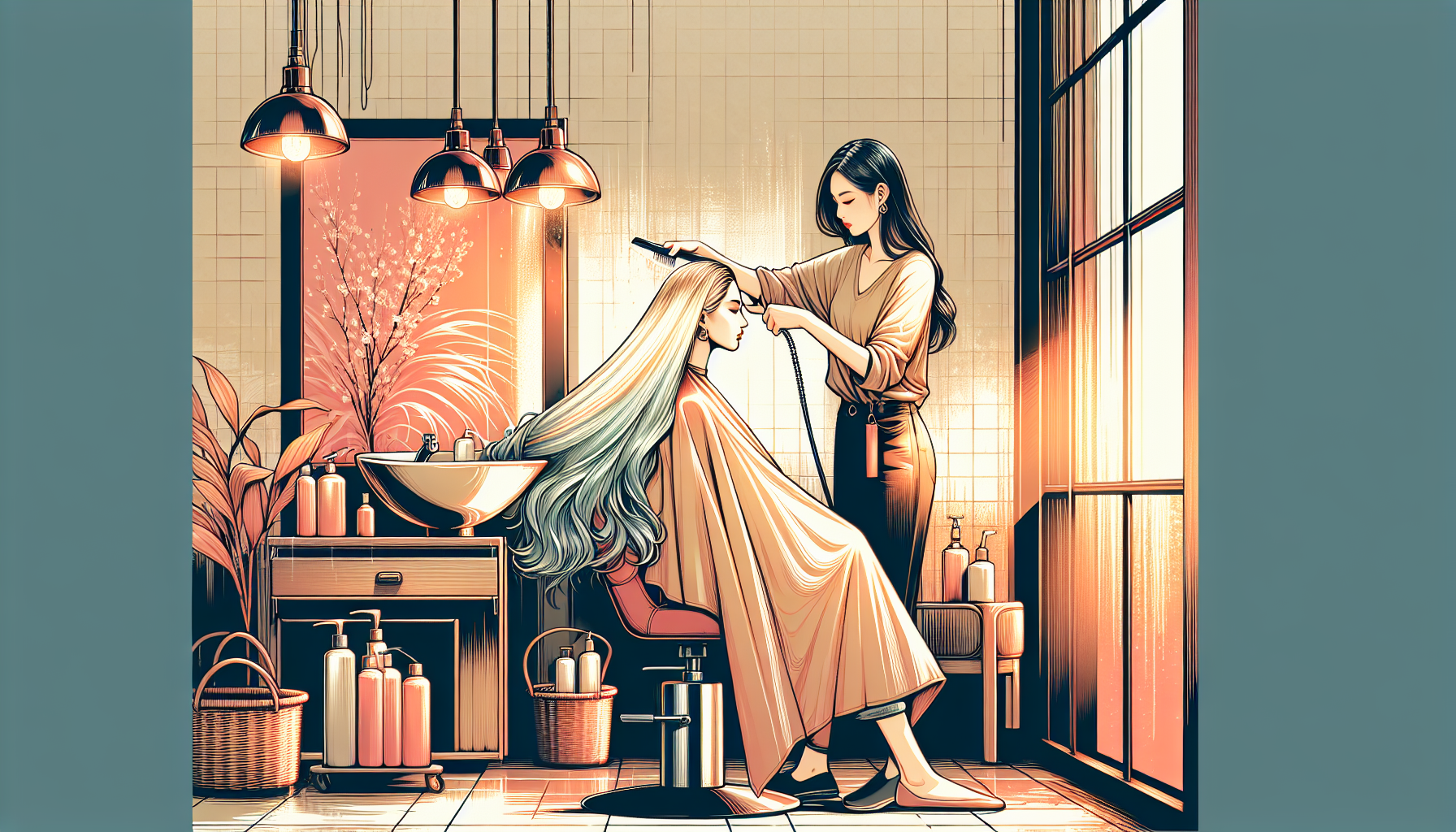 Hair salon scene with stylist applying gentle shampoo to brightly colored hair.