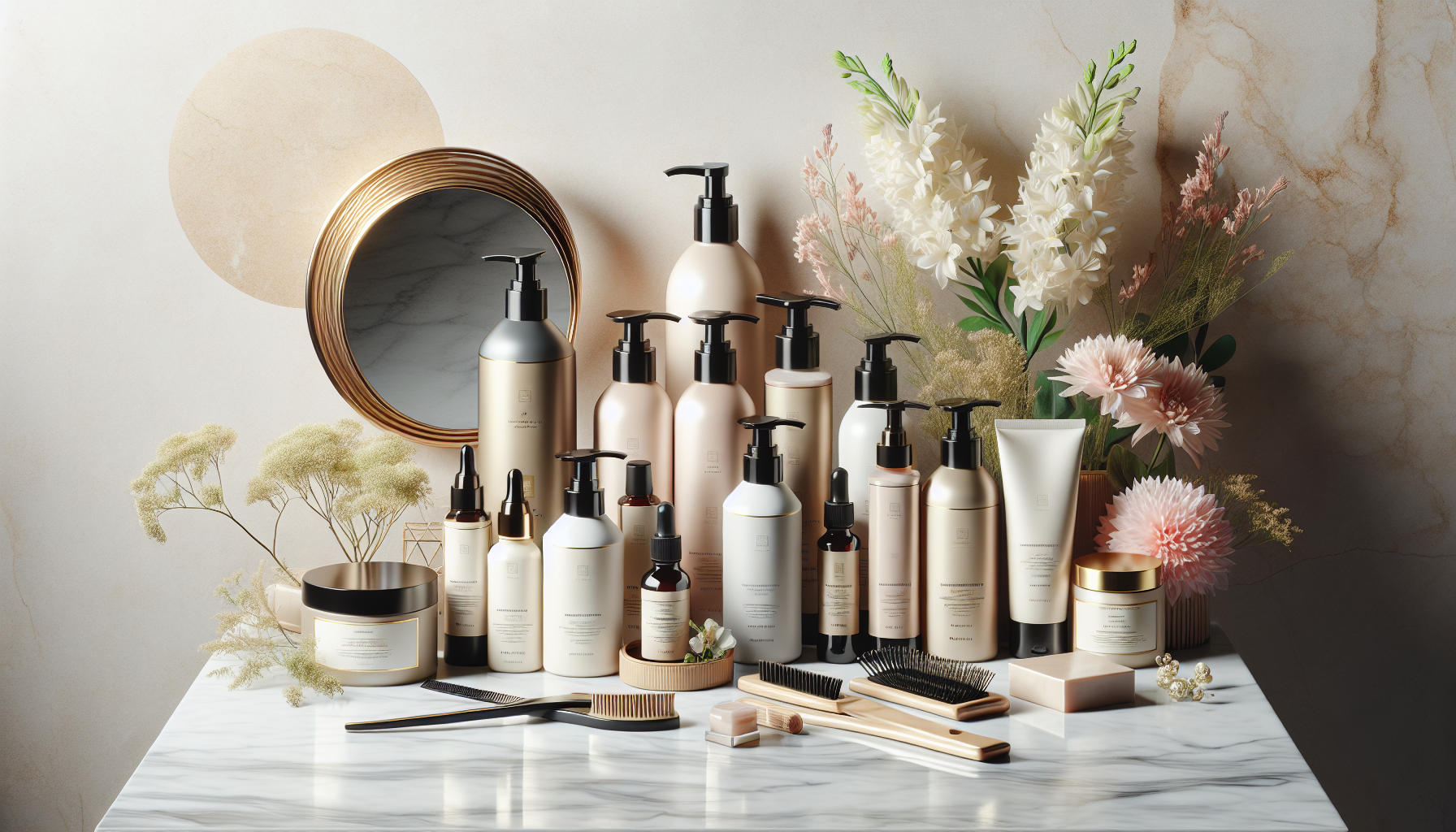 Flat lay of high-tone hair maintenance shampoos and products on a marble surface.