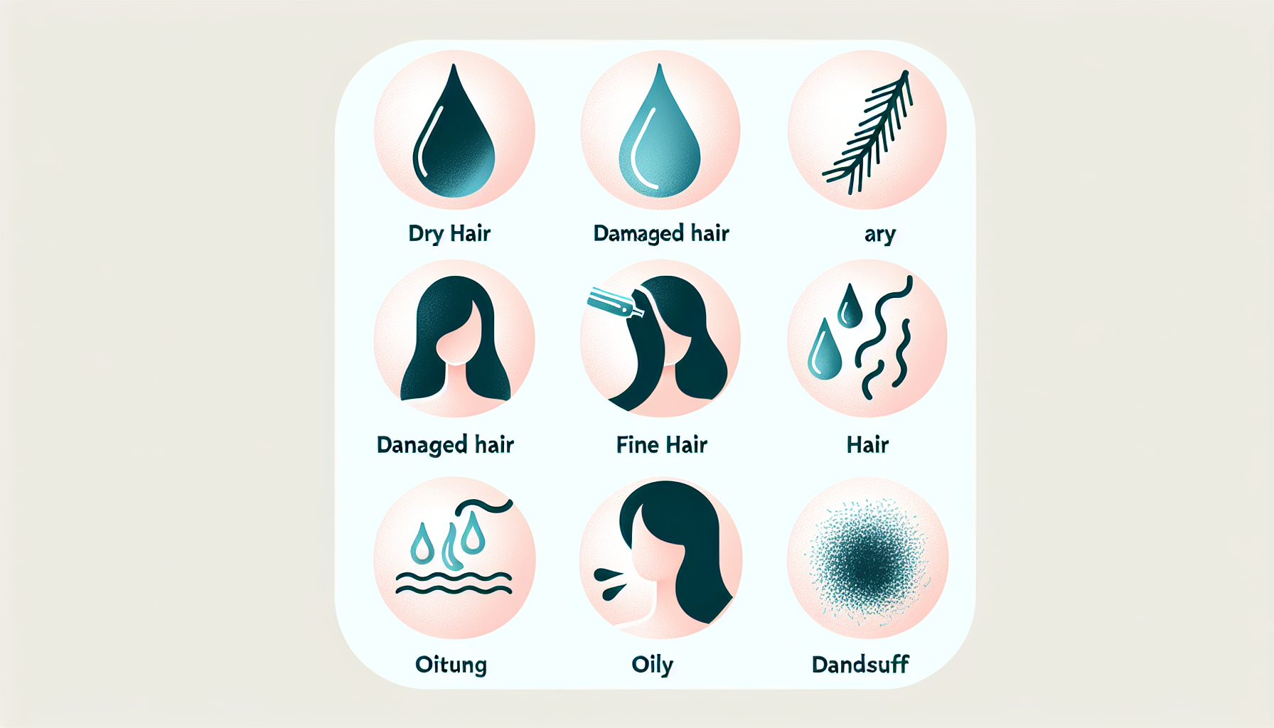 Infographic showing common hair problems and their causes: dry, damaged, fine, oily, and dandruff.